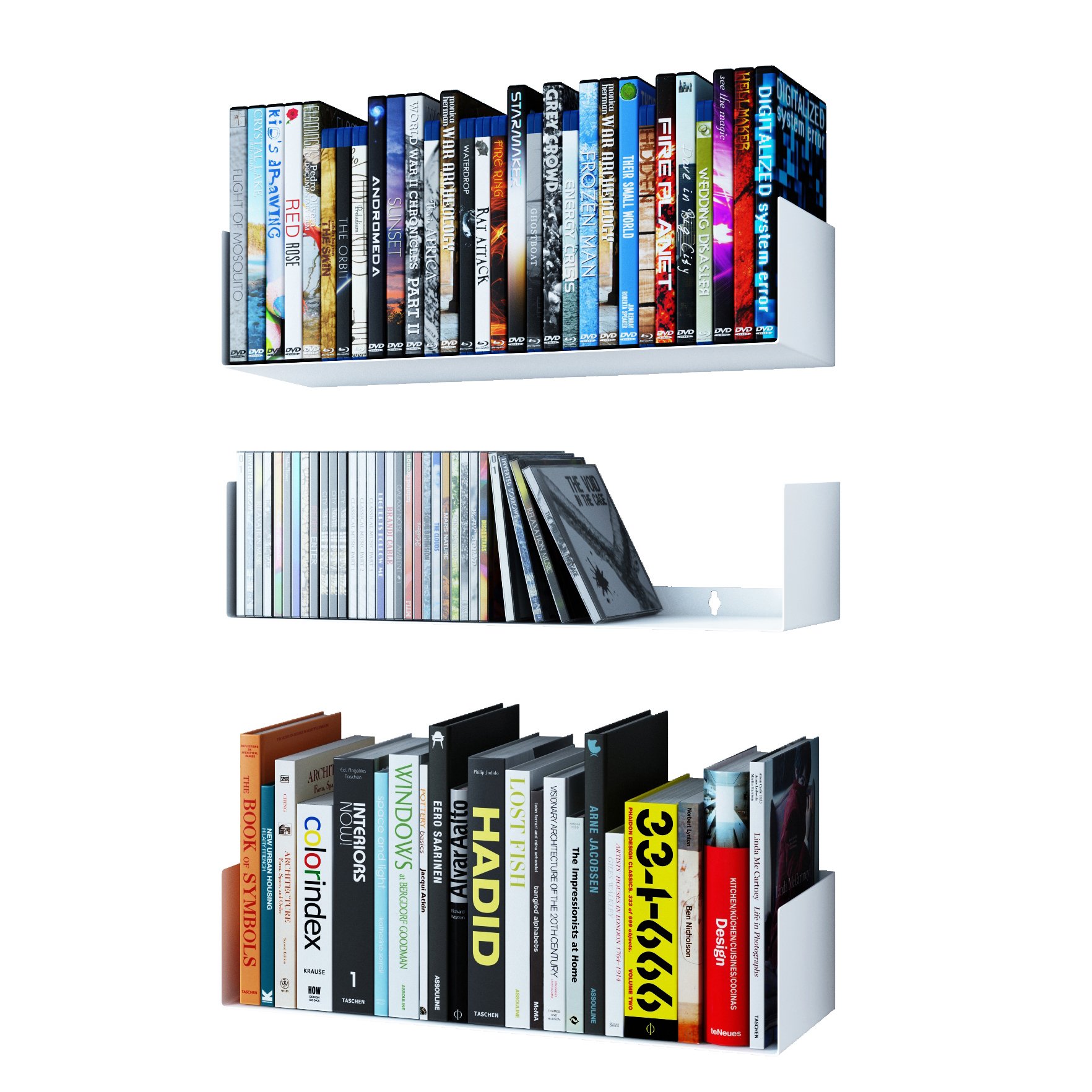 Wallniture Bali 白いこと フローティングシェルフ 壁用 CD ヴィデオディスクストレージシェルフ 金属元素書物棚 3個仕掛ける