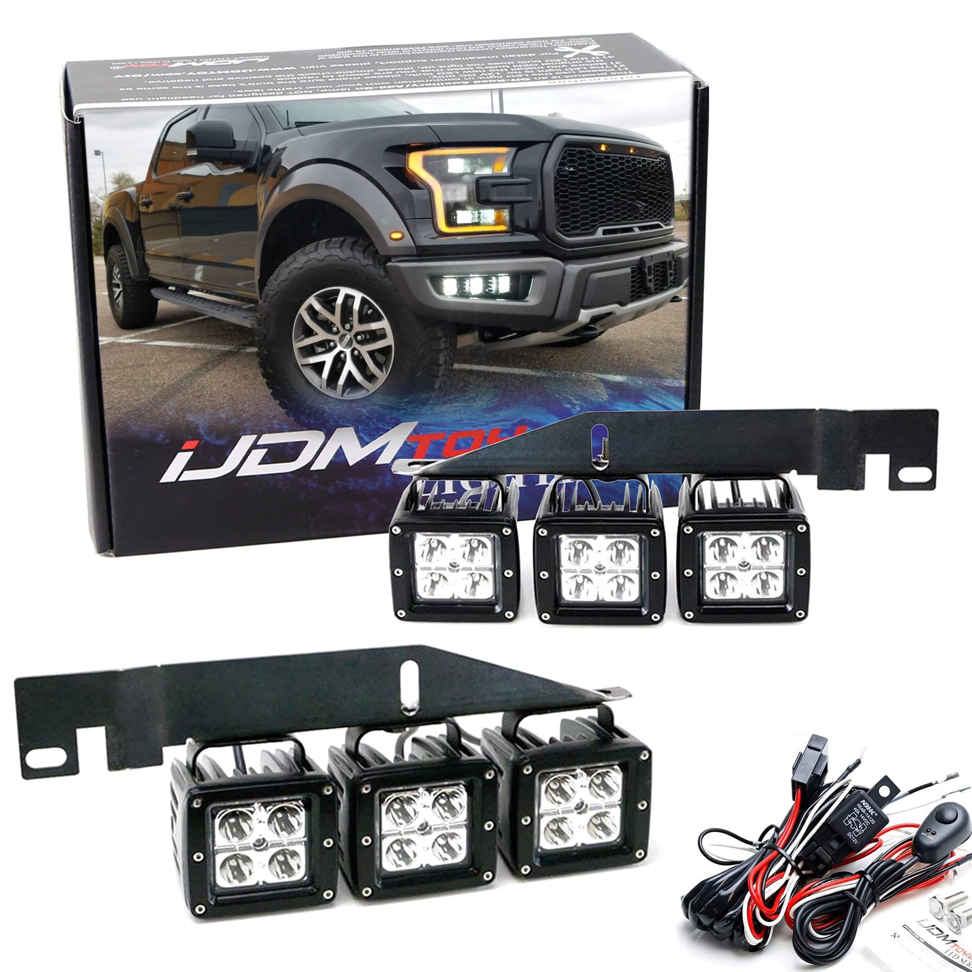 iJDMTOY 召し使いバンパー開口部部 填まる 120W LED フォグライトキット 2017-2020 Ford Raptor相応う CREE LEDポッド6個 メタルマウントブラケット\u0026オンオフスイッチリレー架線