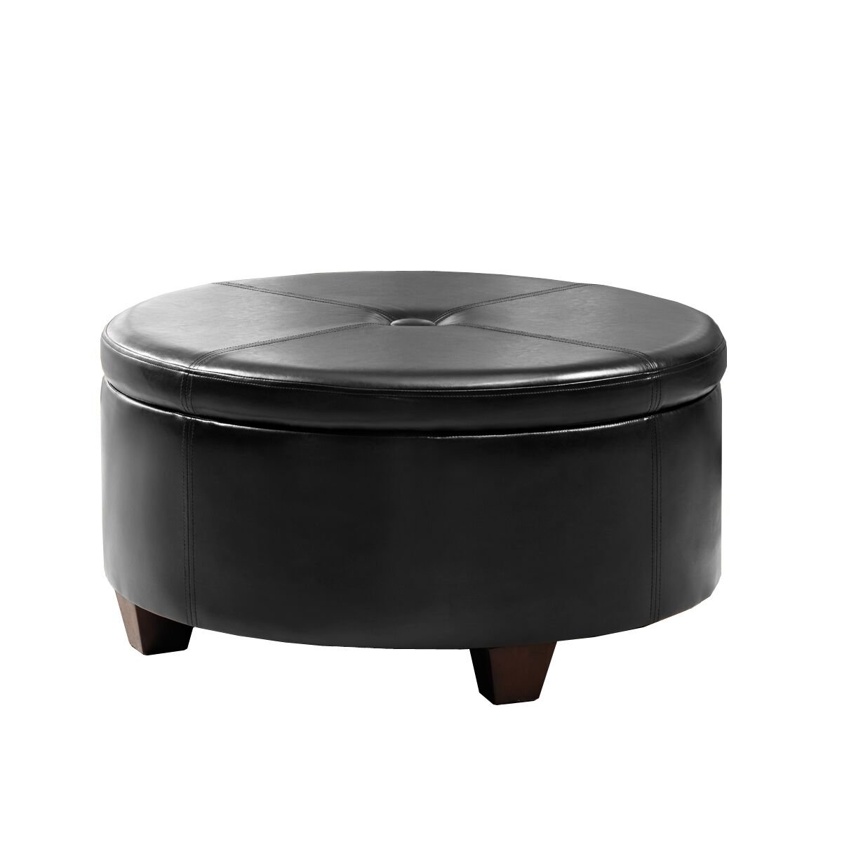 Homepop ホームデコレーション | 布張りのフェイクレザー 大きな房付き ラウンド 収納 オットマン | ボタントップ オットマン 収納付き リビングルーム&寝室用 | 装飾ホーム家具、ブラック