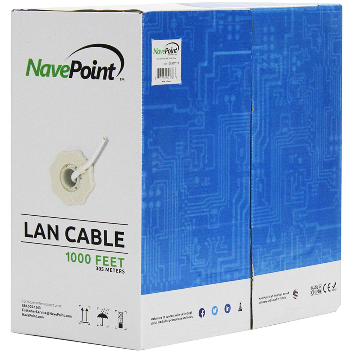 NavePoint Cat6ライザー(CMR) 1000フィート ホワイト ソリッドベア銅バルクイーサネットケーブル 550MHz 23AWG 4ペア シールドなしツイストペア (UTP)|global研究所