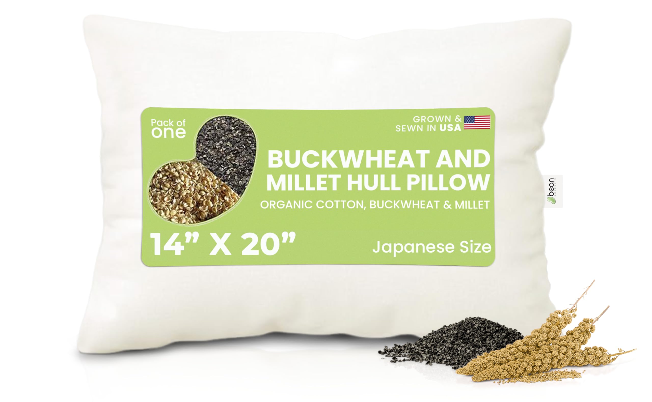 Bean Products WheatDreamz 日本製枕 - 14インチ x 20インチ - オーガニックコットンジッパーシェル 1面オーガニックキレーと片面オーガニックソバフィリング - 米国製|global研究所