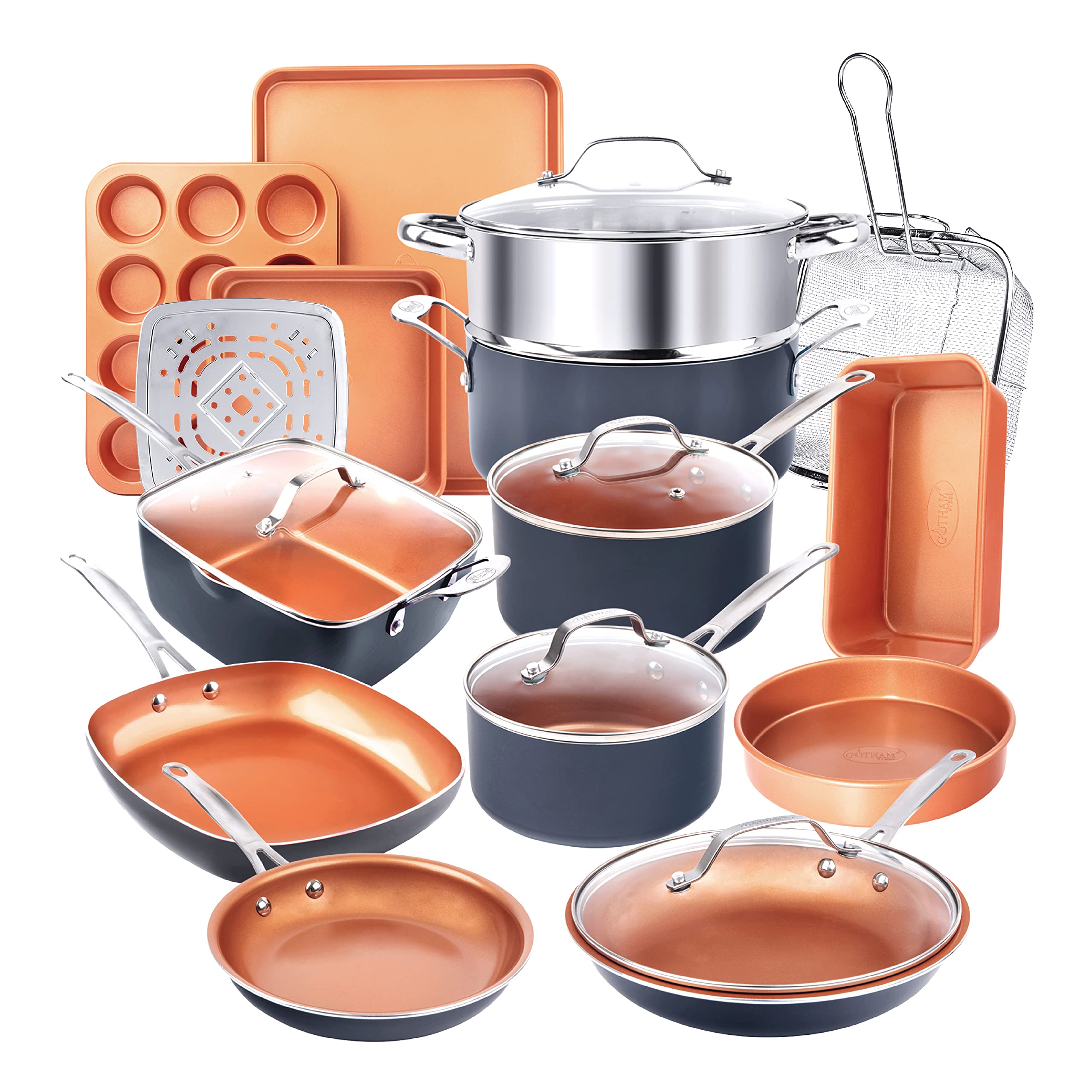 Gotham Steel 調理器具 + 耐熱皿セット ノンスティック耐久性セラミック銅コーティング ? スキレット ストックポット 深い角のフライバスケット クッキーシート ベーキングパン 20ピース グラファイト