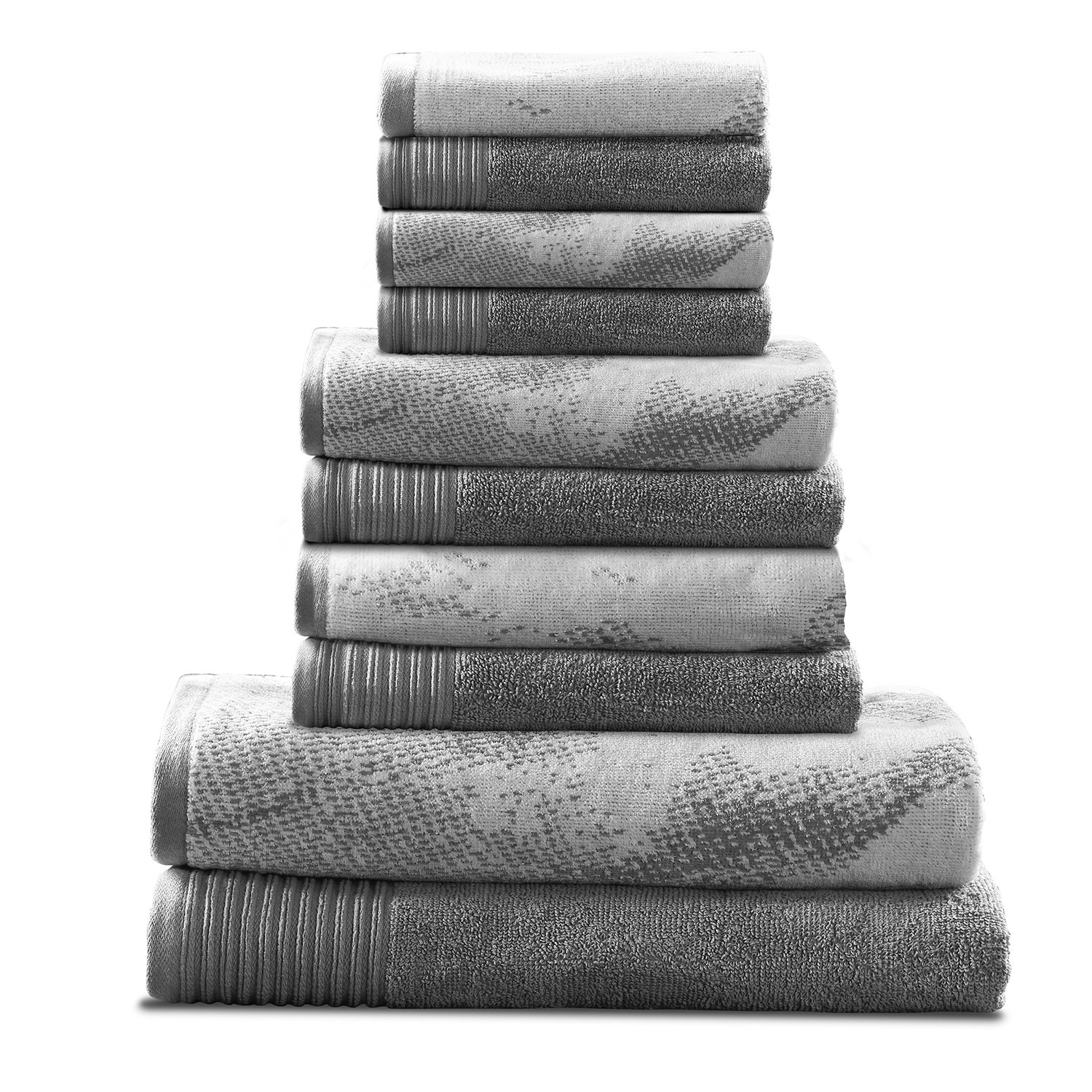 100% Cotton Marble Effect 10-Piece Towel Set Solid and Luxurious Marble Jacquard Super Soft Plush and Absorbent 2 Bath Towels 4 Hand Towels 4 Wash Cloths - Grey