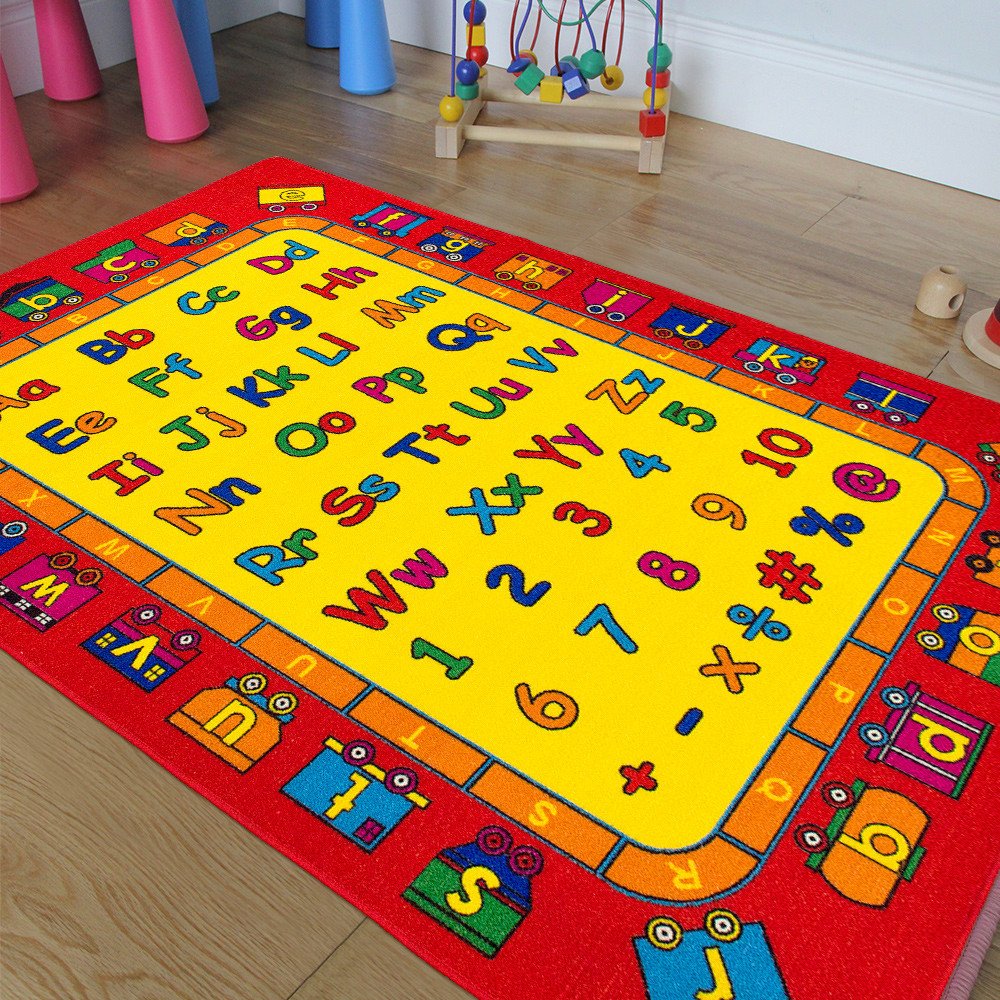 キッズ/ベビールーム/Daycare/教室/Playroomエリアラグ。Alphabet。番号。Train。教育。楽しい。ノンスリップジェルBack。Play Mat。レッド。イエローオレンジ 8 feet x 10 Feet