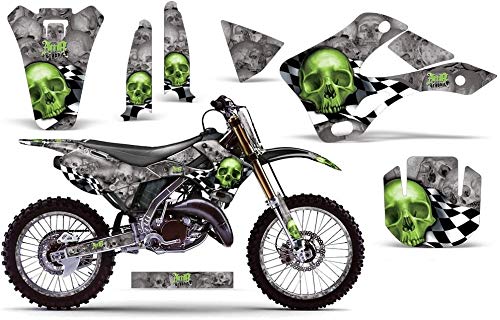 AMR Racing MX ダート自動二輪車 グラフィック一揃いの道具 ステッカー デカールと電話番号お皿 カワサキ KX125 KX250 1999-2002相応う - チェッカードスカルグリーンシルバー