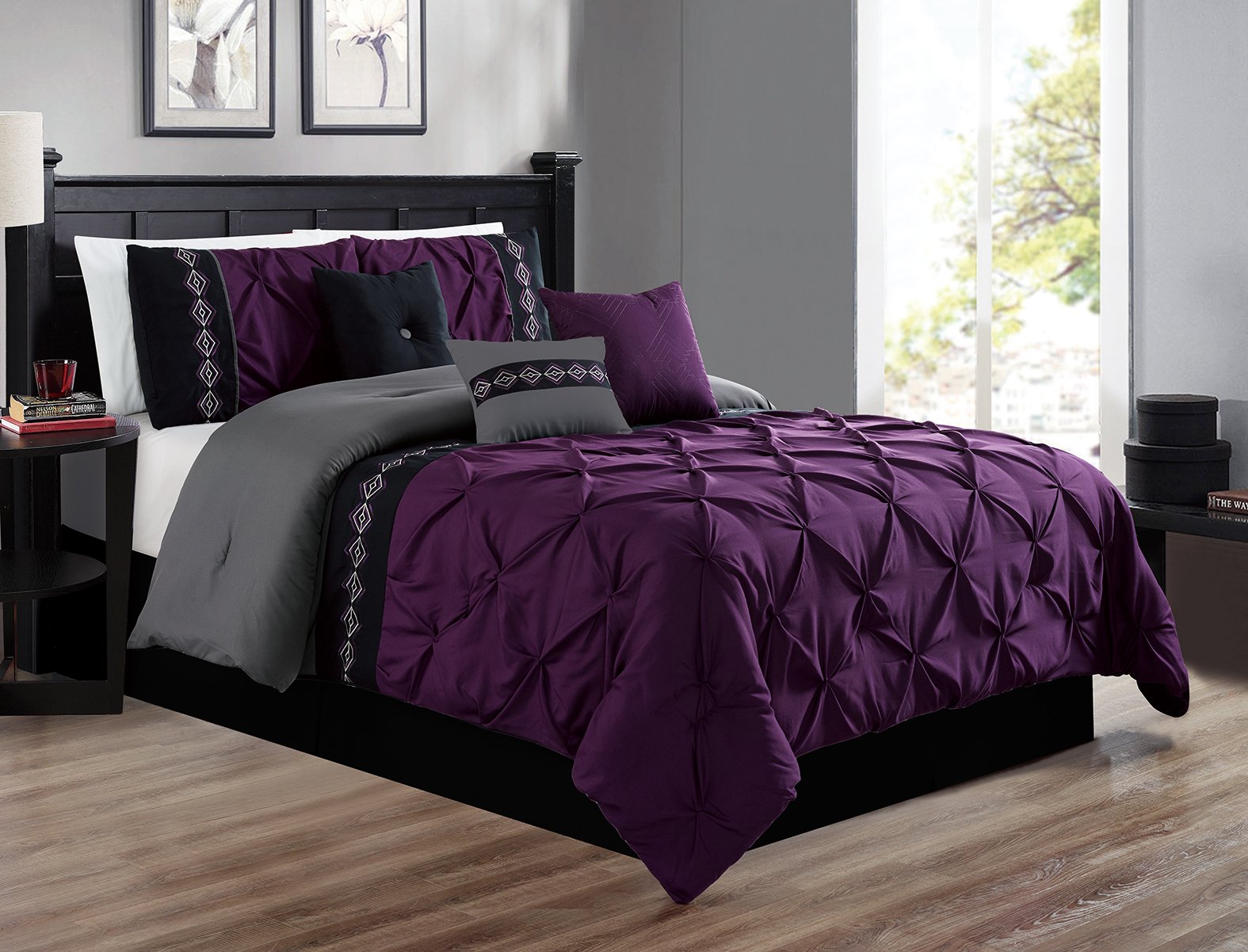 Grand Linen 7点セット キングサイズ ダークパープル/グレー/ブラック 二重針ステッチ ピンチプリーツ オールシーズン 寝具 グースダウン代替刺繍掛け布団セット