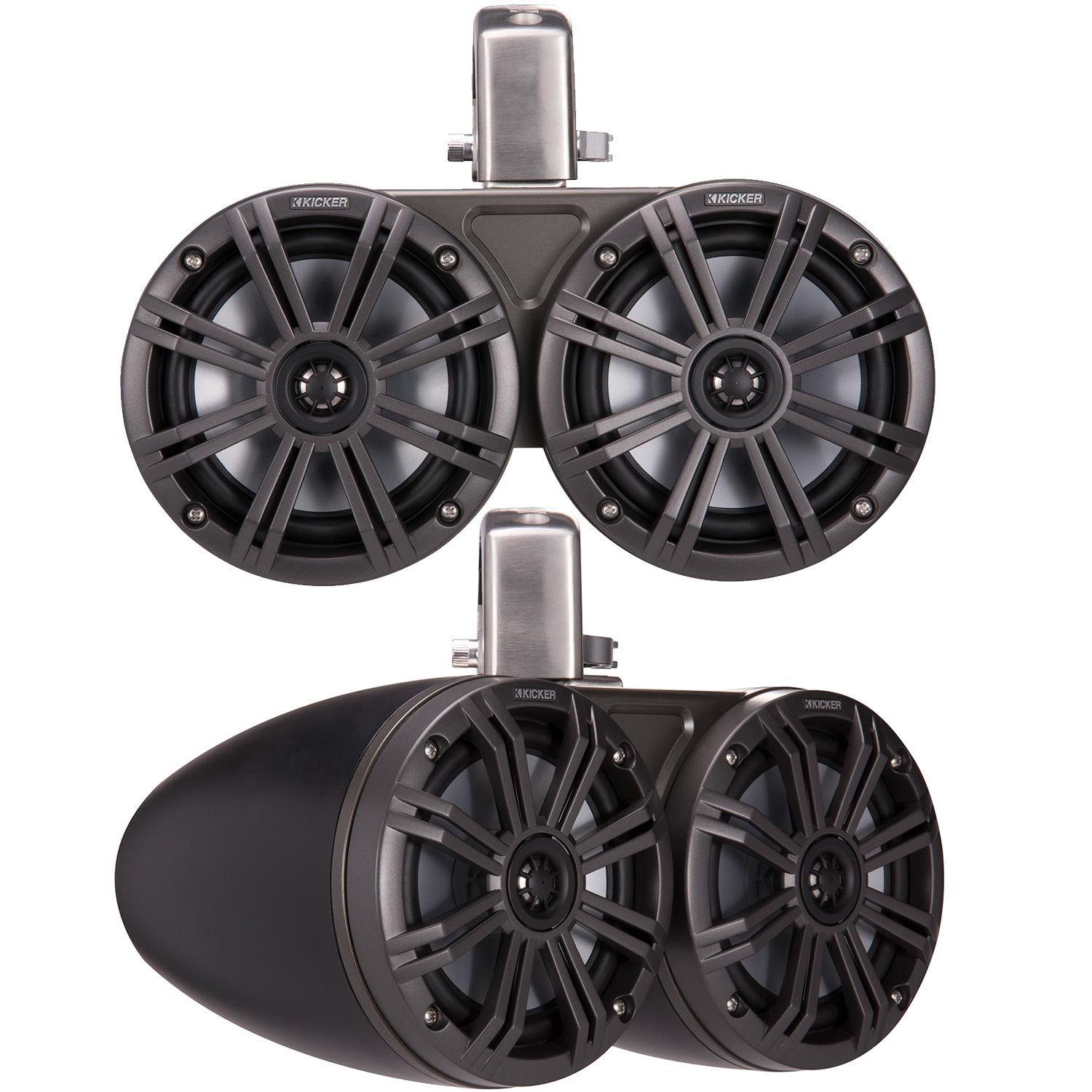 KICKER 45KMTDC65 マリンタワースピーカー スイベルクランプ\u0026 45KM654L金棒引き 濃灰色食べ物屋 ブラックエンクロージャ付き添い人