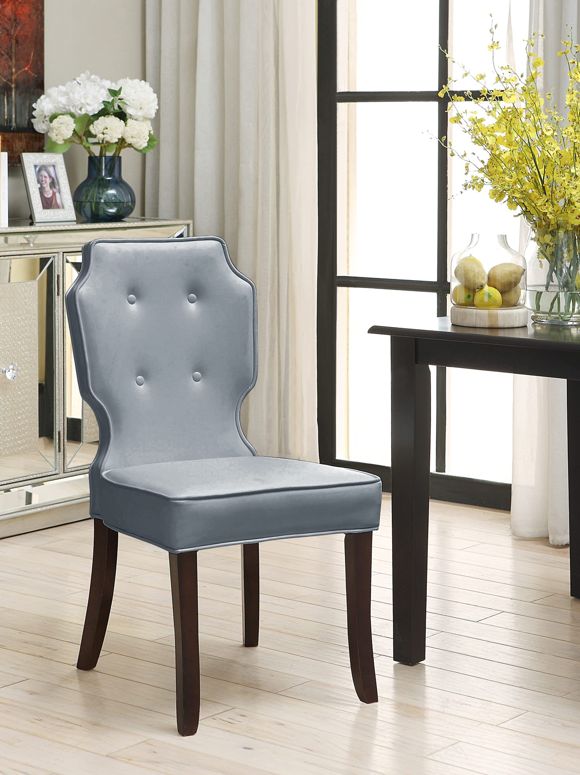 Iconic Home Lennon Dining Side Accent Chair Button Tufted Pebble Grain PU Leather Espresso Wood Frame Modern Transitional Silver Set of 2 141［並行輸入］
