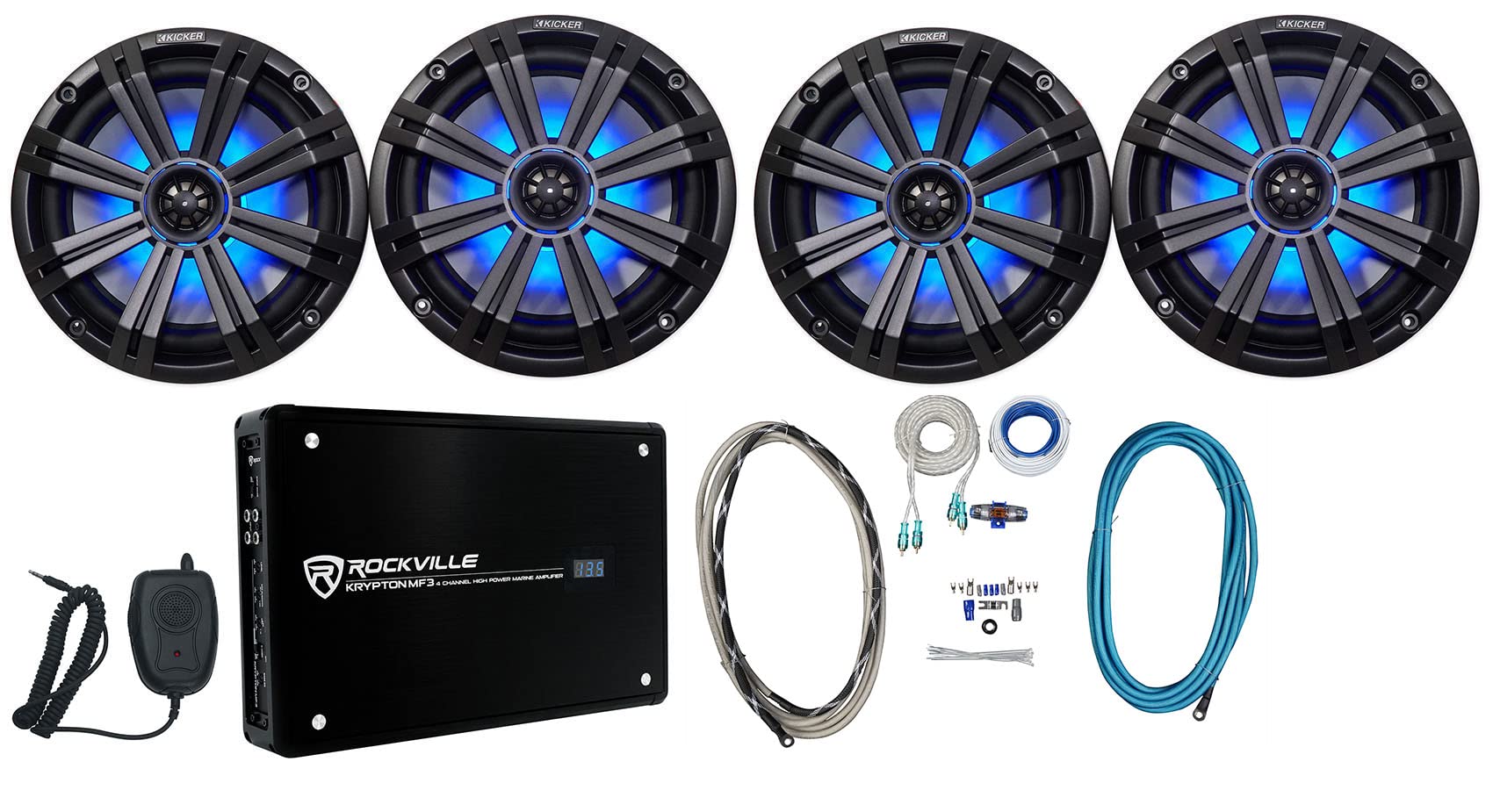 (4) KICKER 45KM84L 8in 1200W マリンボートスピーカー LED+4-Chアンプリファイアー+アンプリファイアー一揃いの道具