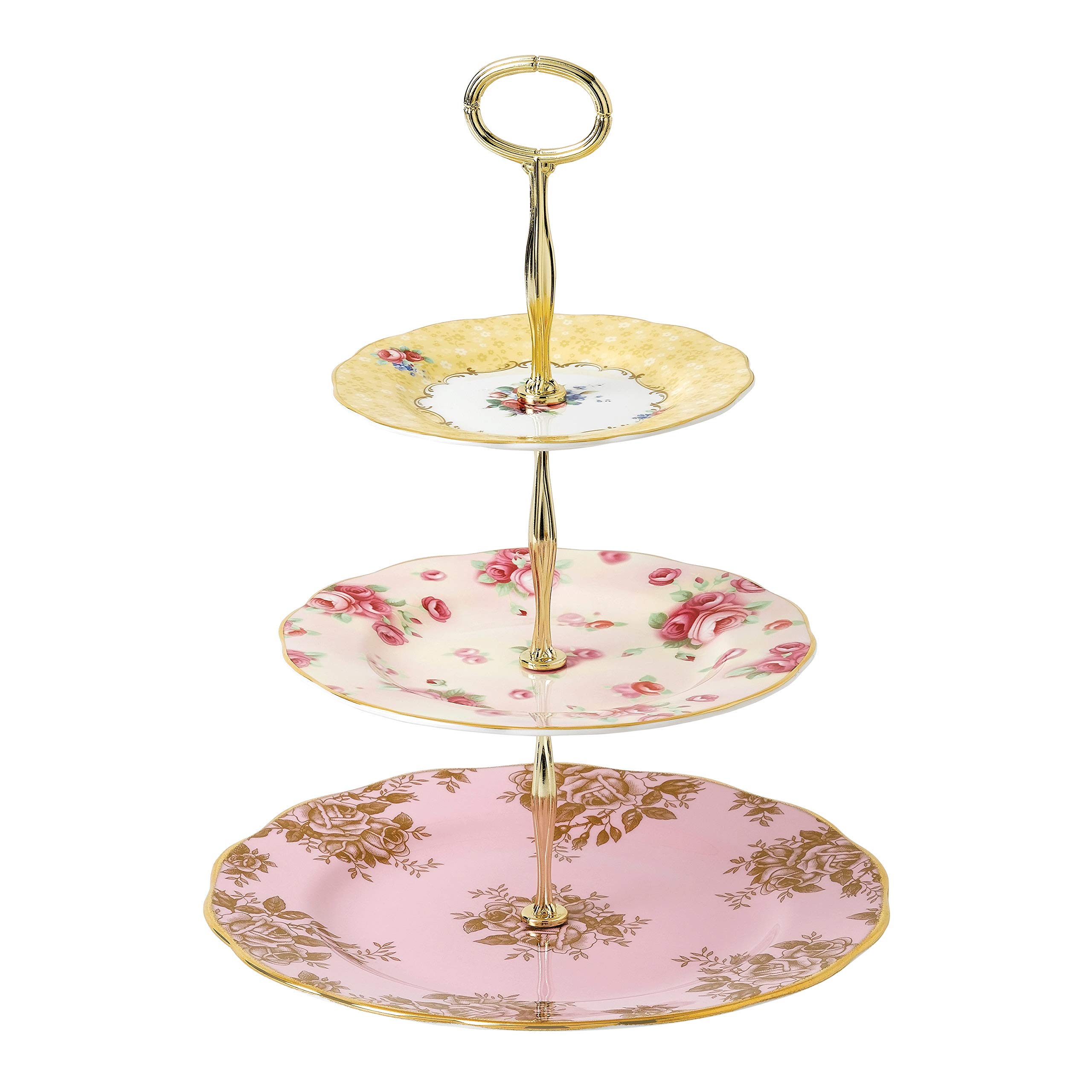 Royal Albert 100 Years 3 Tier Cakestand Bouquet Golden Rose Blue Bone China Multi-Colour 27.5 x 27.5 x 6 cm|global研究所