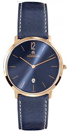 メンズウォッチ Michel Herbelin - 19515/PR15BL - シティ - 逢い引き - レザーストラップ - ネイビーブルーとサクラ色ゴールドメッキ