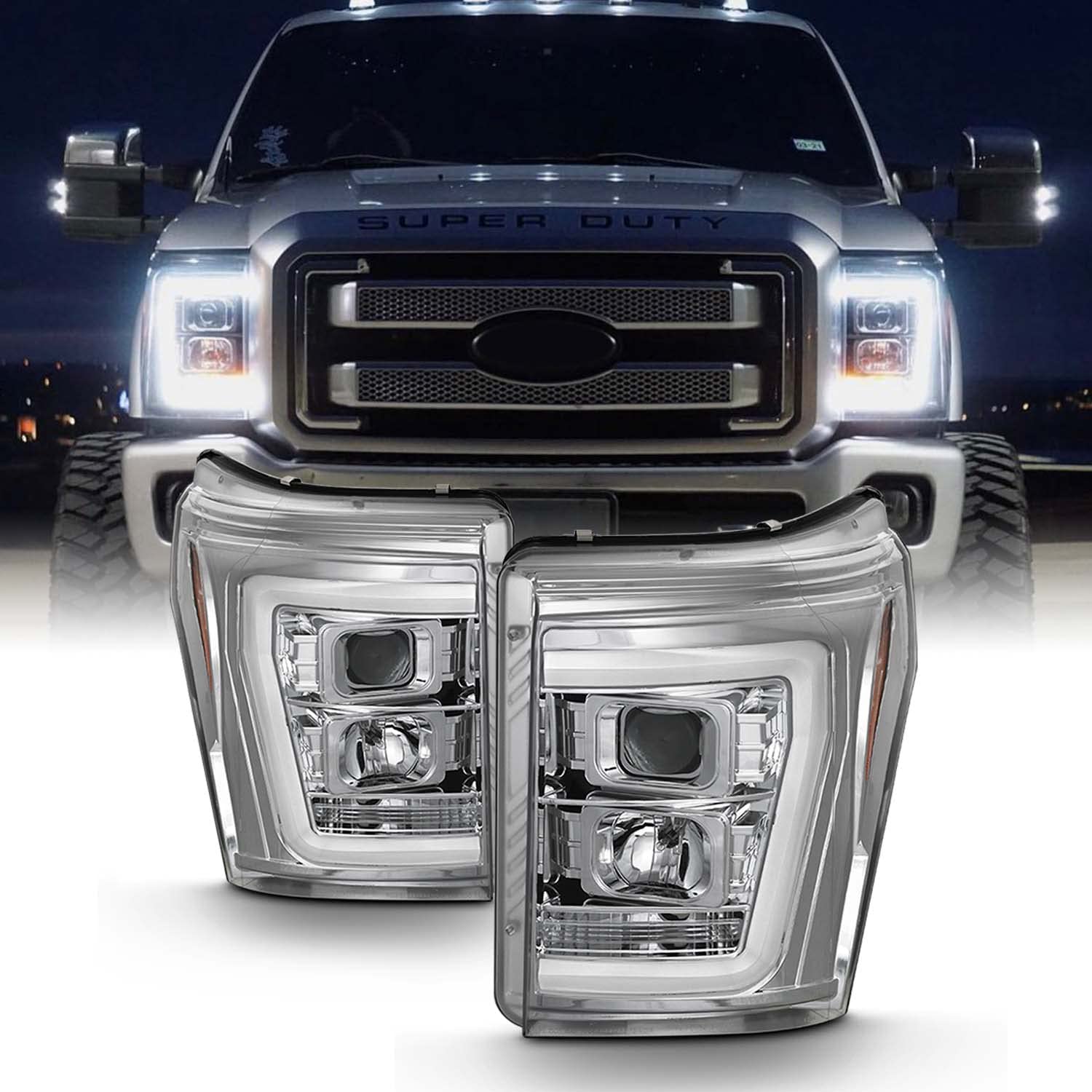 2011-2016 フォード F250 F350 F450 F550 スーパーデューティー LED チューブ クローム プロジェクター ヘッドライト ドライバー+助手席ペア