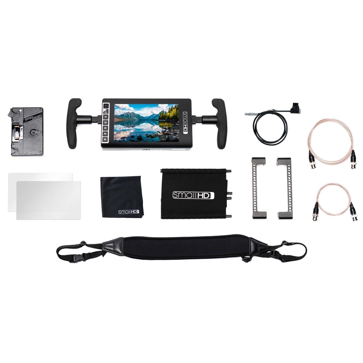 SmallHD 703 超高明快さ7in盛りだくさん固定ディスクオンカメラLED管するバンドル、ゴールドマウントバッテリーブラケットとサンフードケージコンボ嘱する