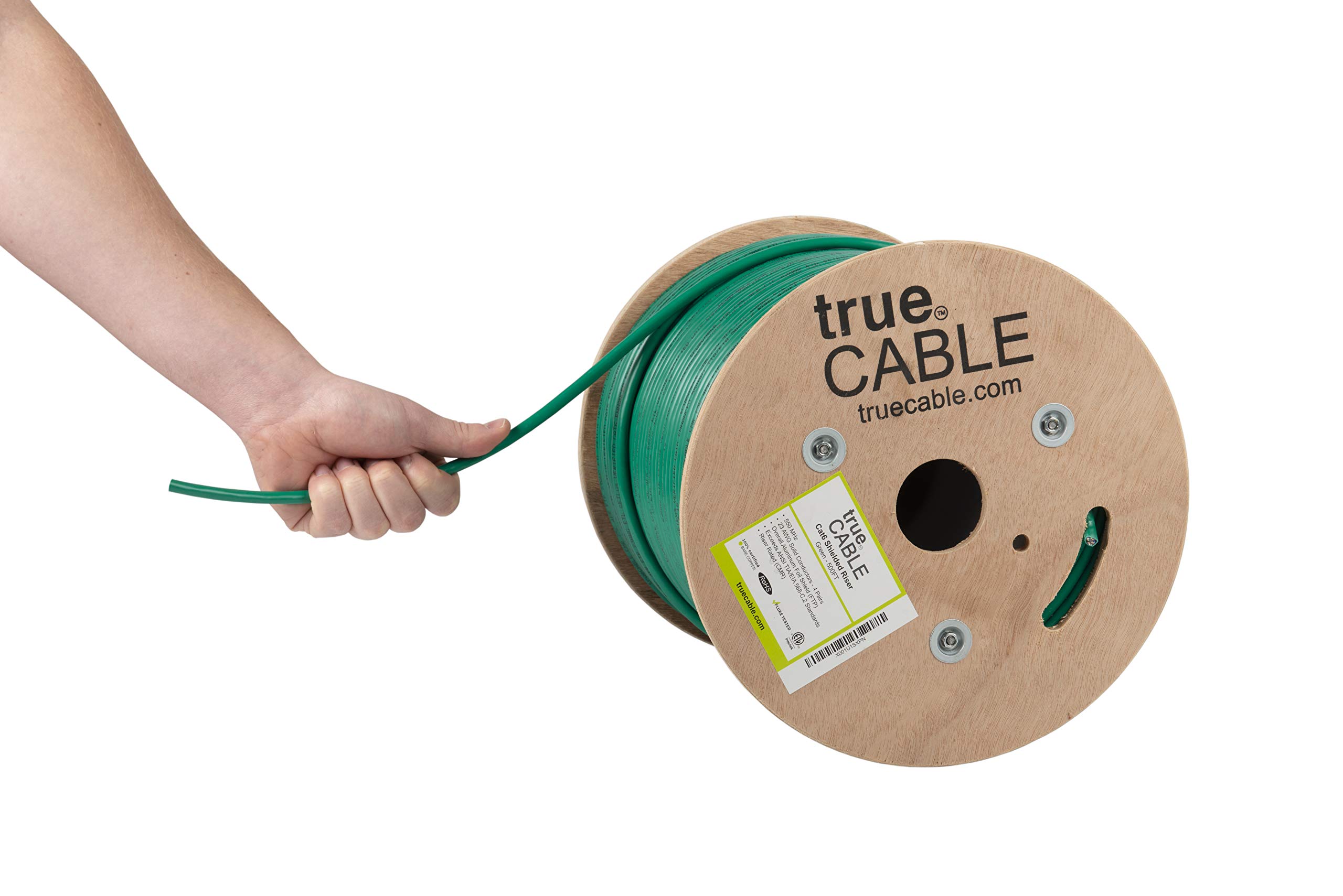 trueCABLE Cat6 シールドライザー (CMR) 500フート 緑であること 23AWG 益荒男裸銅 550MHz ETL標準尺度 総べて箔遮蔽物 (ftp) バルクイーサネットケーブル