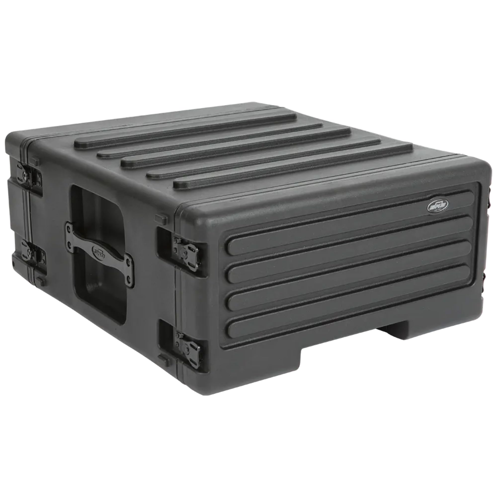 SKB 4U rSeries ローリングラック、統合バックホイールとワンタッチプルハンドル付き、4ラックユニットとインターロック成形スタッキングバー付き