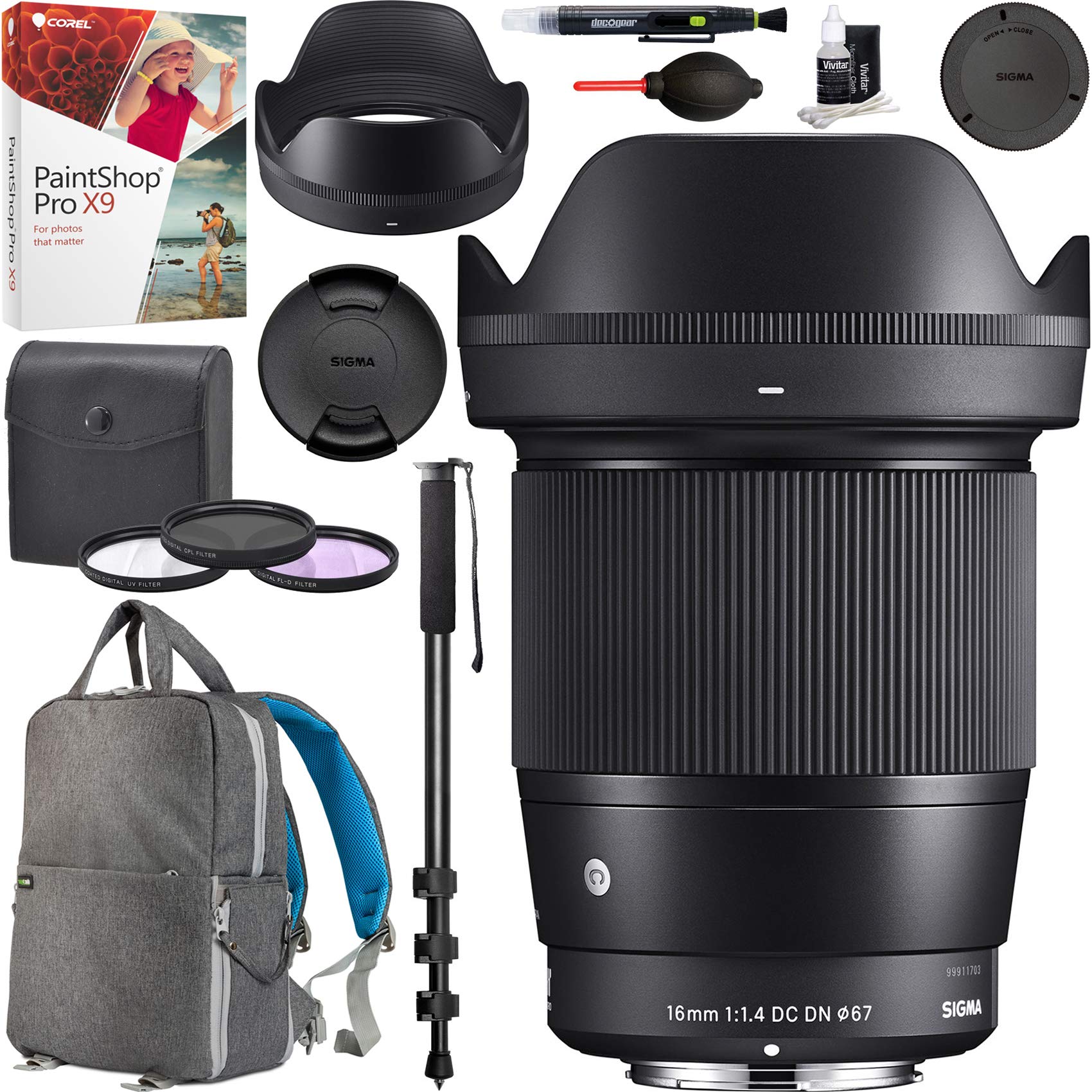 Sigma 16粍 f1.4 DC DN コンテンポラリーレンズ Sony Eマウント 402965用 67粍 マルチ厚地の外套 UV 偏光板 FLDろ波器一揃いの道具 一脚 第八芸術うしろ側容器に並べる バンドル
