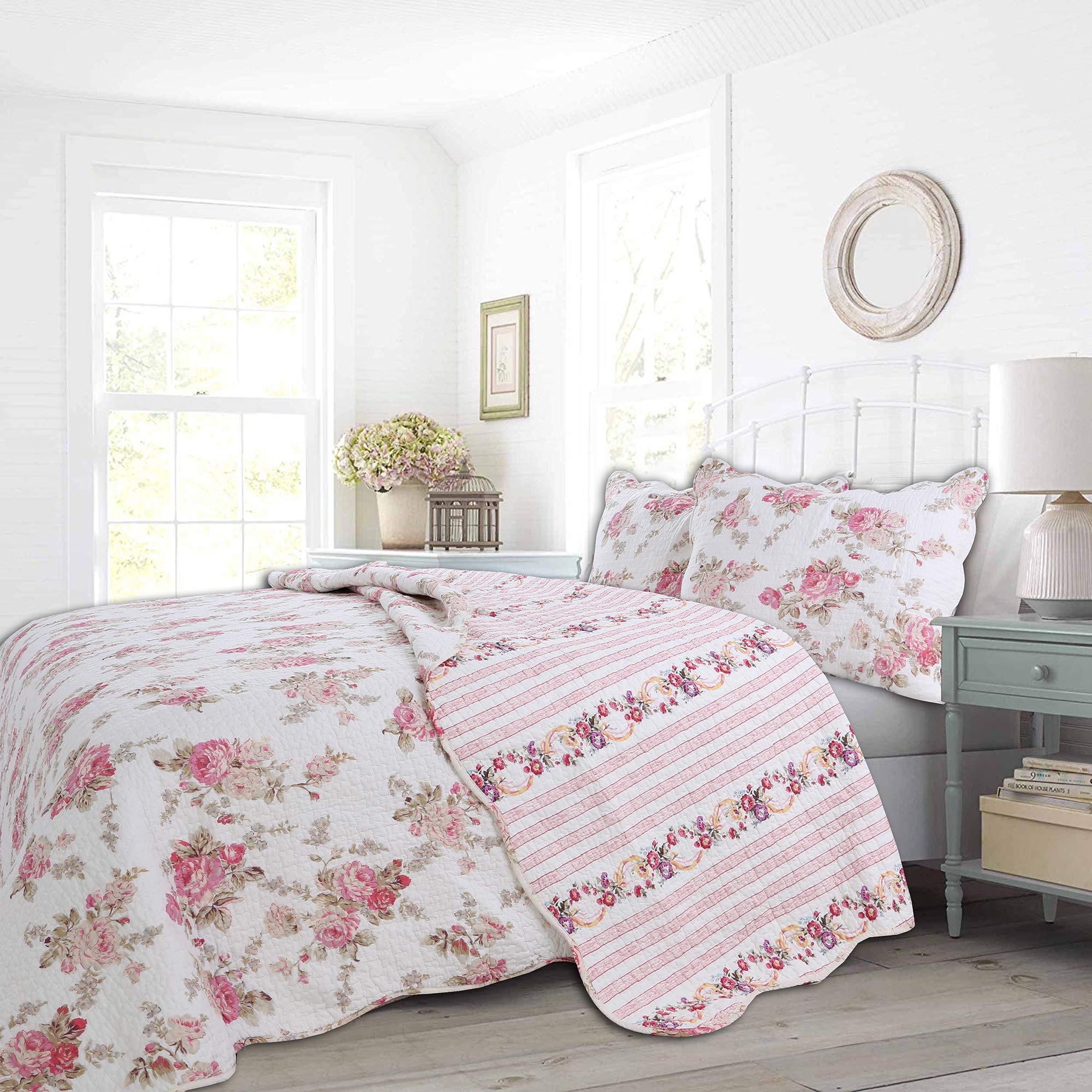 Cozy Line Home Fashions ロマンチックピンクピオニーフローラル 綿織物100% リバーシブルキルト寝具仕掛ける 臥榻覆いかぶせる ベッドスプレッド ピンクピオニー 統治女王 3点仕掛ける