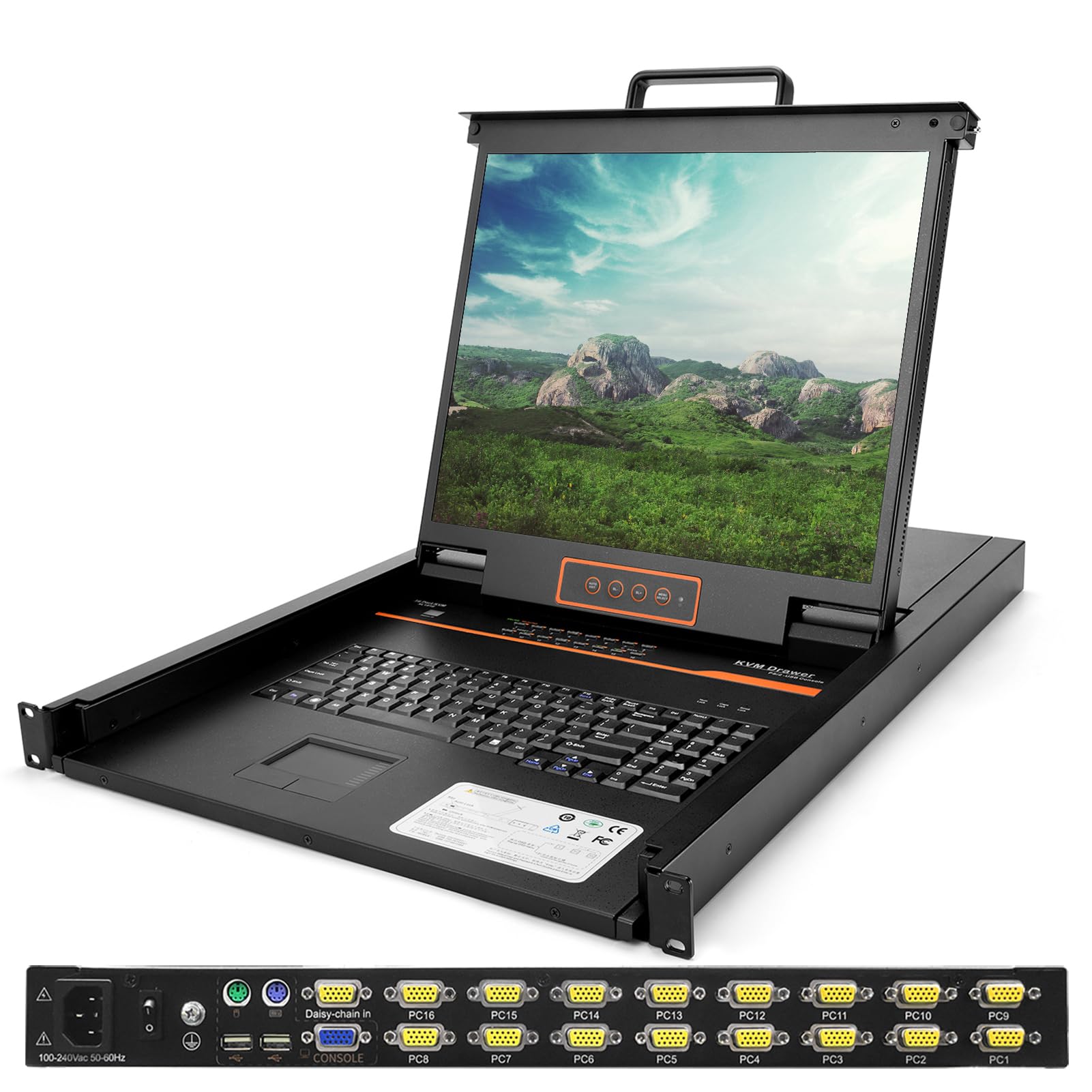 1UラックマウントKVMコンソール、16ポートVGA KVMスイッチ、19インチLCDモニター付き、1U LCD KVMコンソールは19インチラックに適合、キーボード+タッチパッド+KVMスイッチ引き出し+16KVMケーブル、OSD/ホットキー/ボタンスイッチ対応