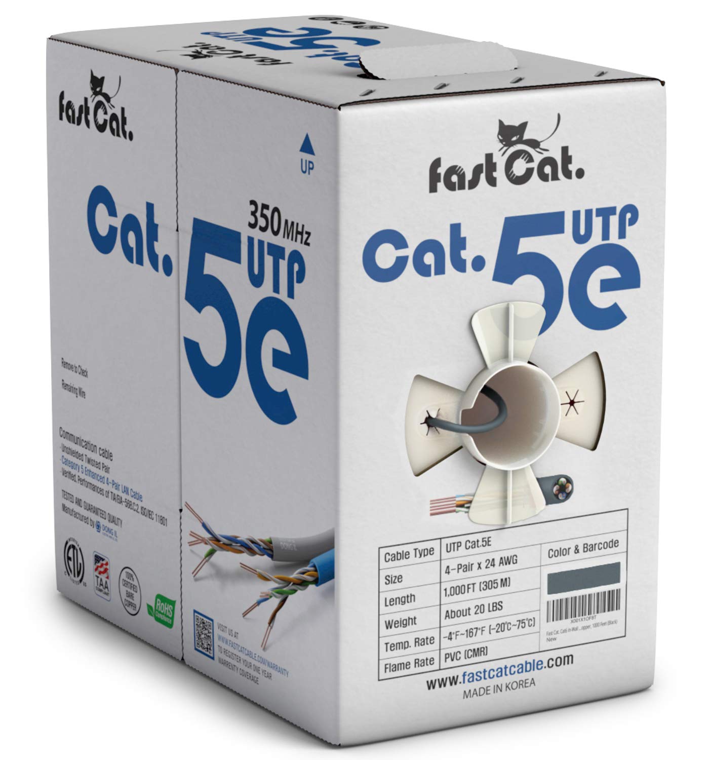 fast Cat.Cat 5eイーサネットケーブル1000フィート（305メートル） - FastReel付き絶縁裸銅線インターネットケーブル - 350MHz / ギガビット速度UTP LANケーブル - CMR（グレー）
