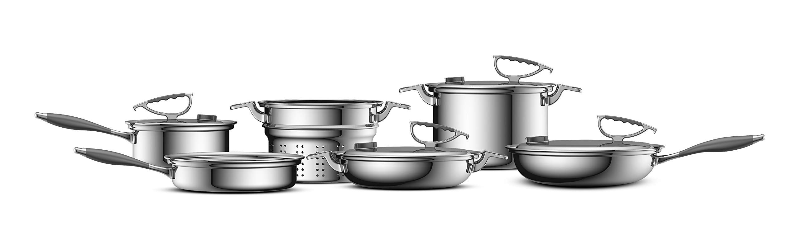 CookCraft | ステンレススチール 3層接着調理器具セット 10ピース シルバークラッドアルミニウムコア 通気ラッチ蓋付き