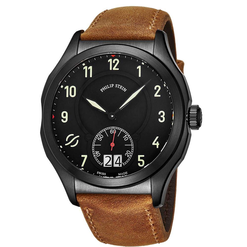 Philip Stein Prestige ビッグデート メンズブラックステンレススチールウォッチ - スイス連邦製 夜光針と数詞 ブラウンレザーバンド - 気どらずにな周波数科学技術でより活動力と優れた御休みを申し入れ
