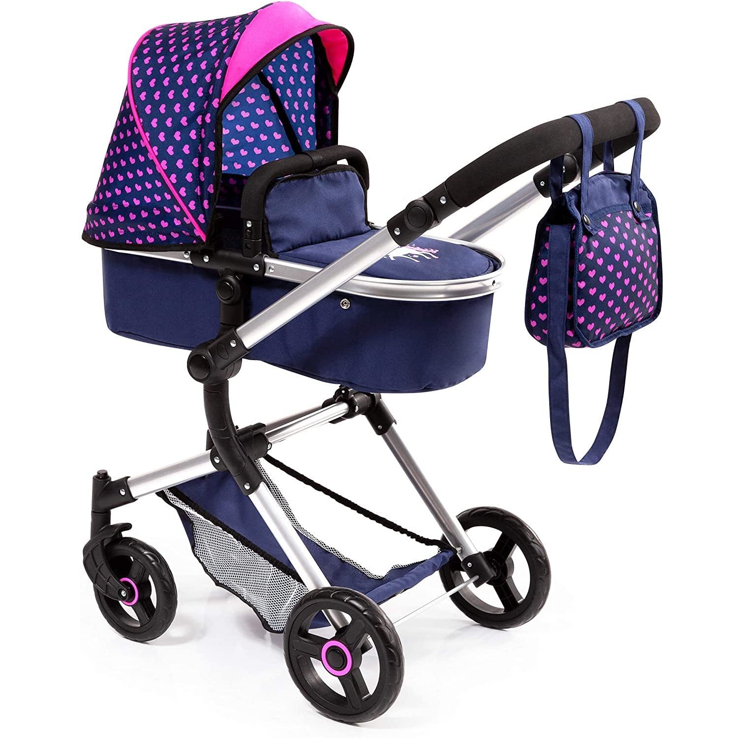 Bayer Design 18454AA Kombi Puppenwagen Neo Vario mit Wickeltasche und Einkaufskorb  umwandelbar インチ einen Sportwagen  h?henverstellbar  modern  blau mit Einhorn und Herzmuster