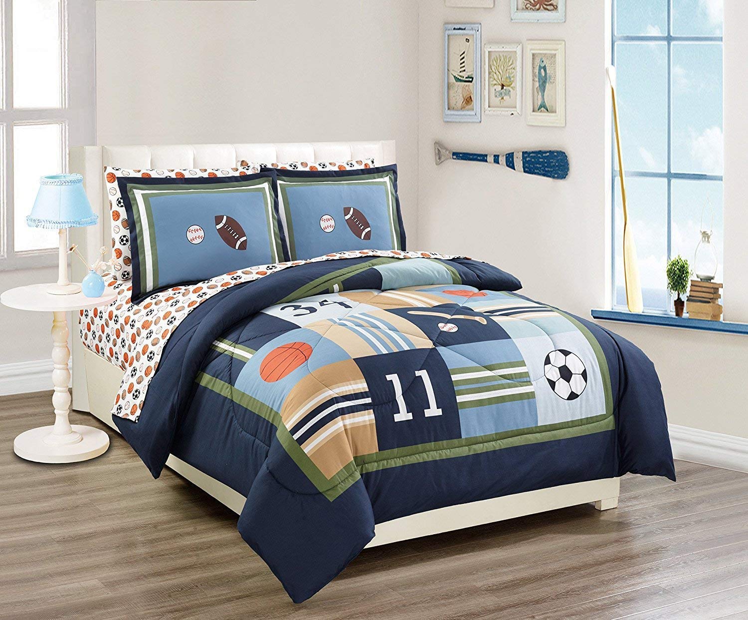 Elegant Home マルチカラー スポーツ バスケットボール 野球 サッカー フットボール デザイン 7点 クイーンサイズ 掛け布団 寝具セット 男の子/子供用 ベッド・イン・バッグ シーツセット # スポーツ ネイビー (クイーンサイズ) 19,971円