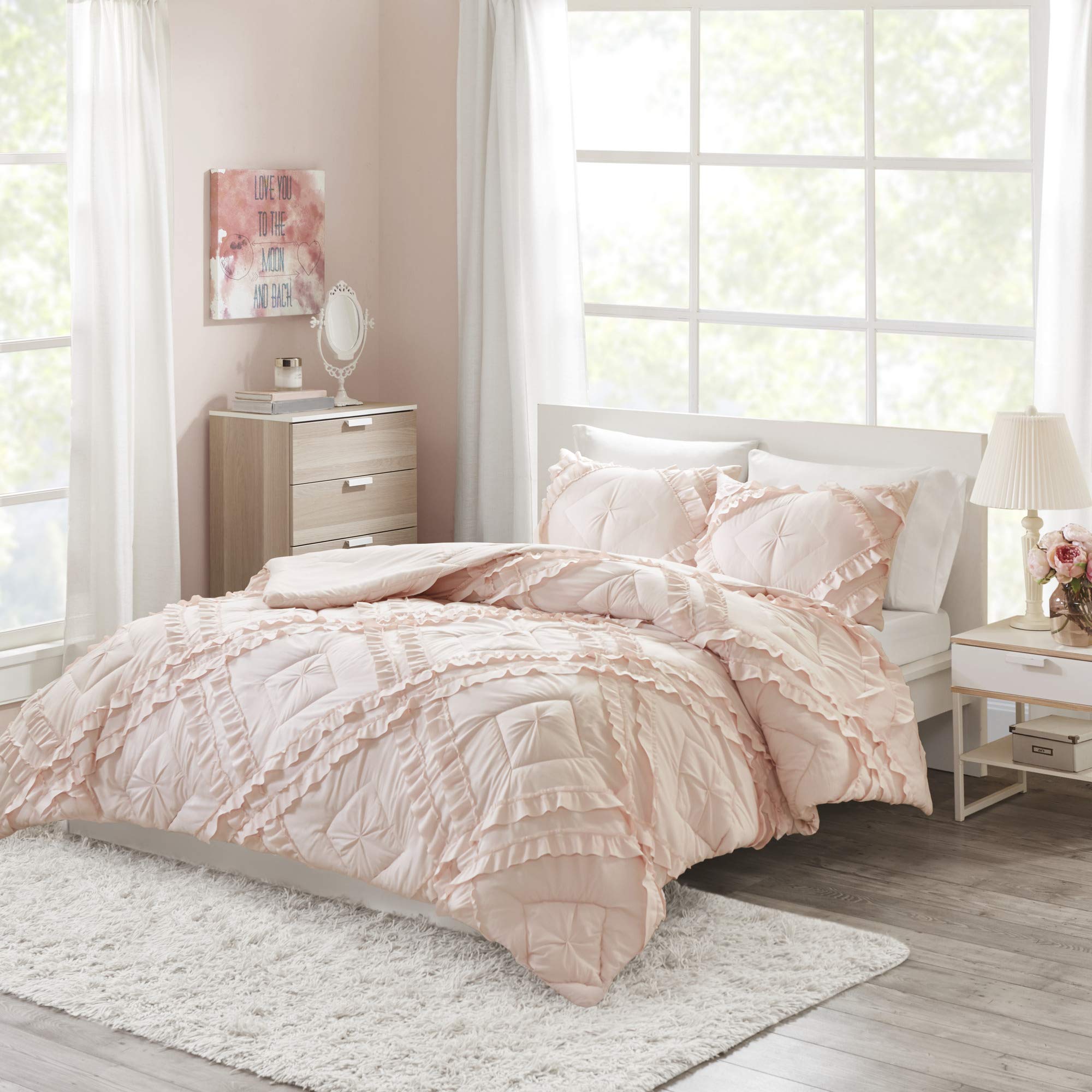 インテリジェントデザイン Kacie ソリッドベッドカバーセット タフテッドダイヤモンドフリル付き Twin/Twin XL レッド