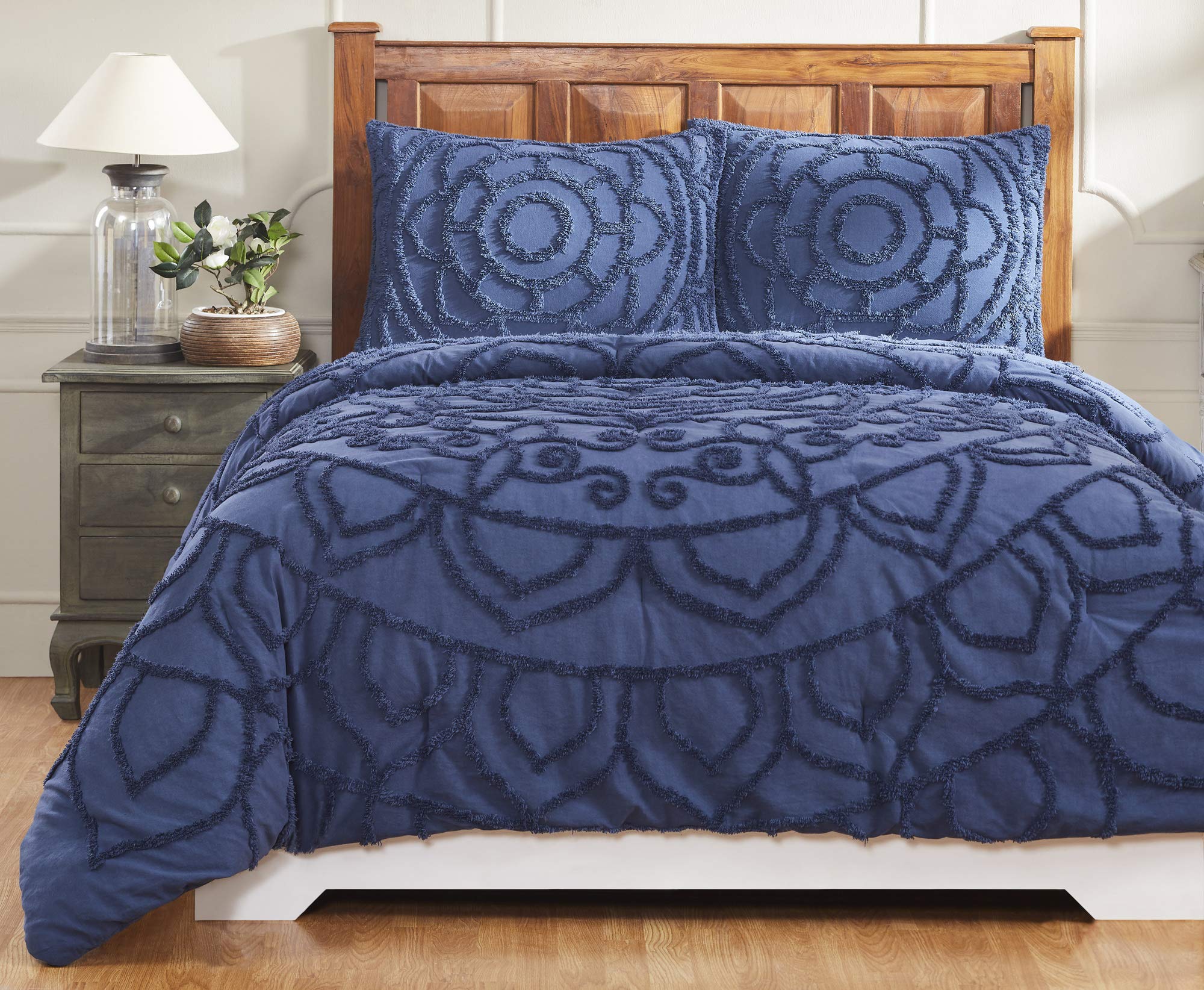 Better Trends クレオコレクション フローラルデザイン コットン100% タフテッドシェニール織 キングサイズ掛け布団セット ネイビー