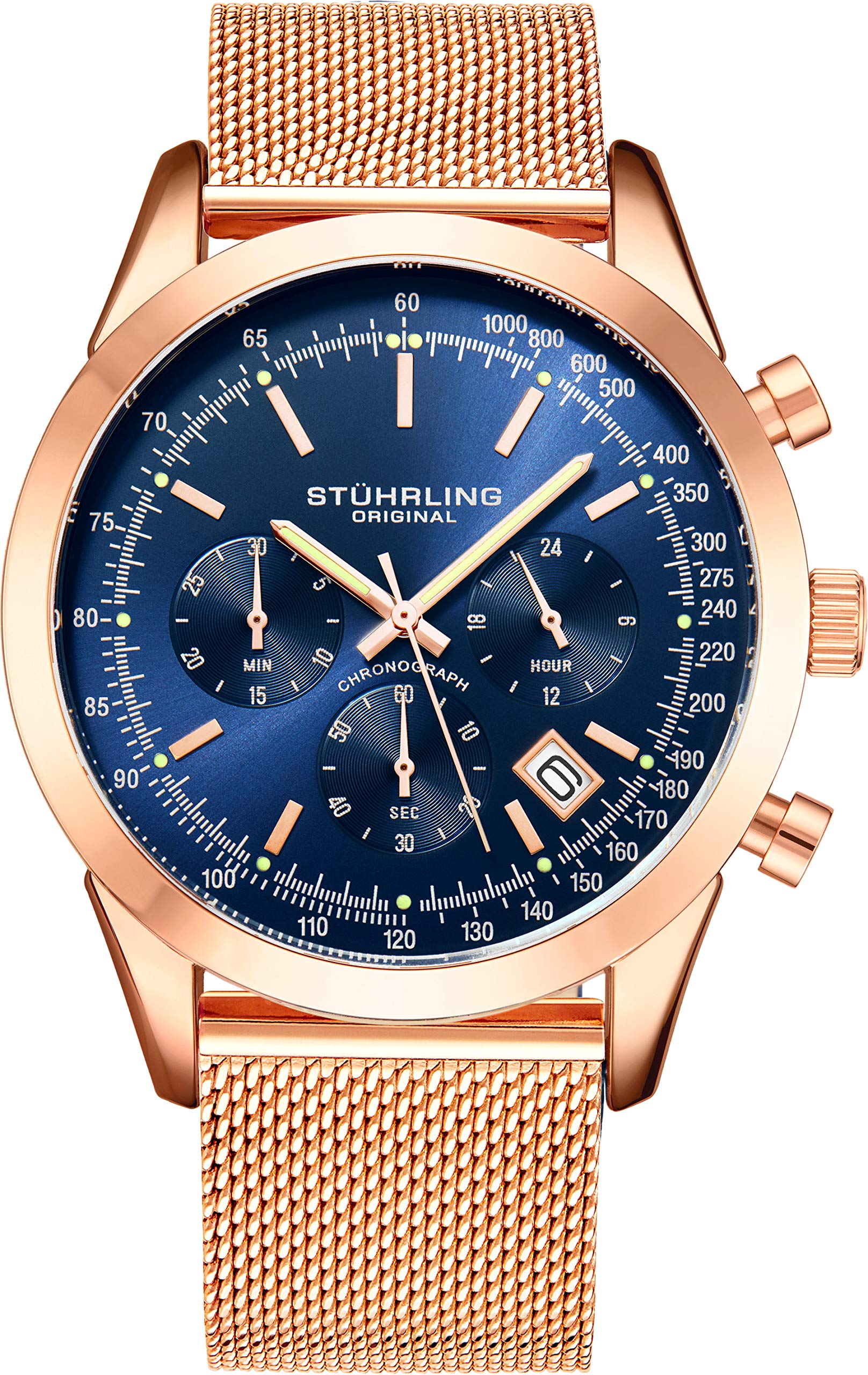 Stuhrlingオリジナルメンズクロノグラフウォッチ、ステンレススチールメッシュバンド、100M雨合羽（サクラ色ゴールド/青み）