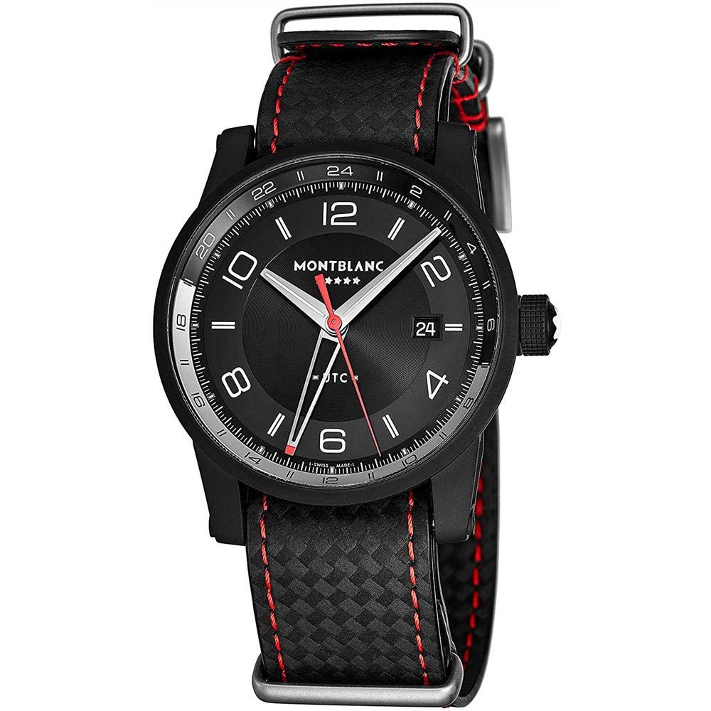 MONTBLANC Timewalker UTC メンズ 自動小銃デュアルタイムゾーンウォッチ - 42粍 黒いこと人間の顔 逢い引きとサファイア結晶 - ブラックステンレススチール ブラックレザーバンド スイス連邦製 押さえる版 GMT御覧になる 115360