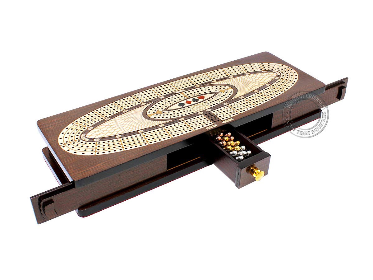House of Cribbage - 連続クリベッジボード / ウェンジウッドに埋め込まれたボックス / メープル : 4トラック - スライド蓋 引き出し メタルペグ スコアマーキングフィールド付き スカンク コーナーゲーム