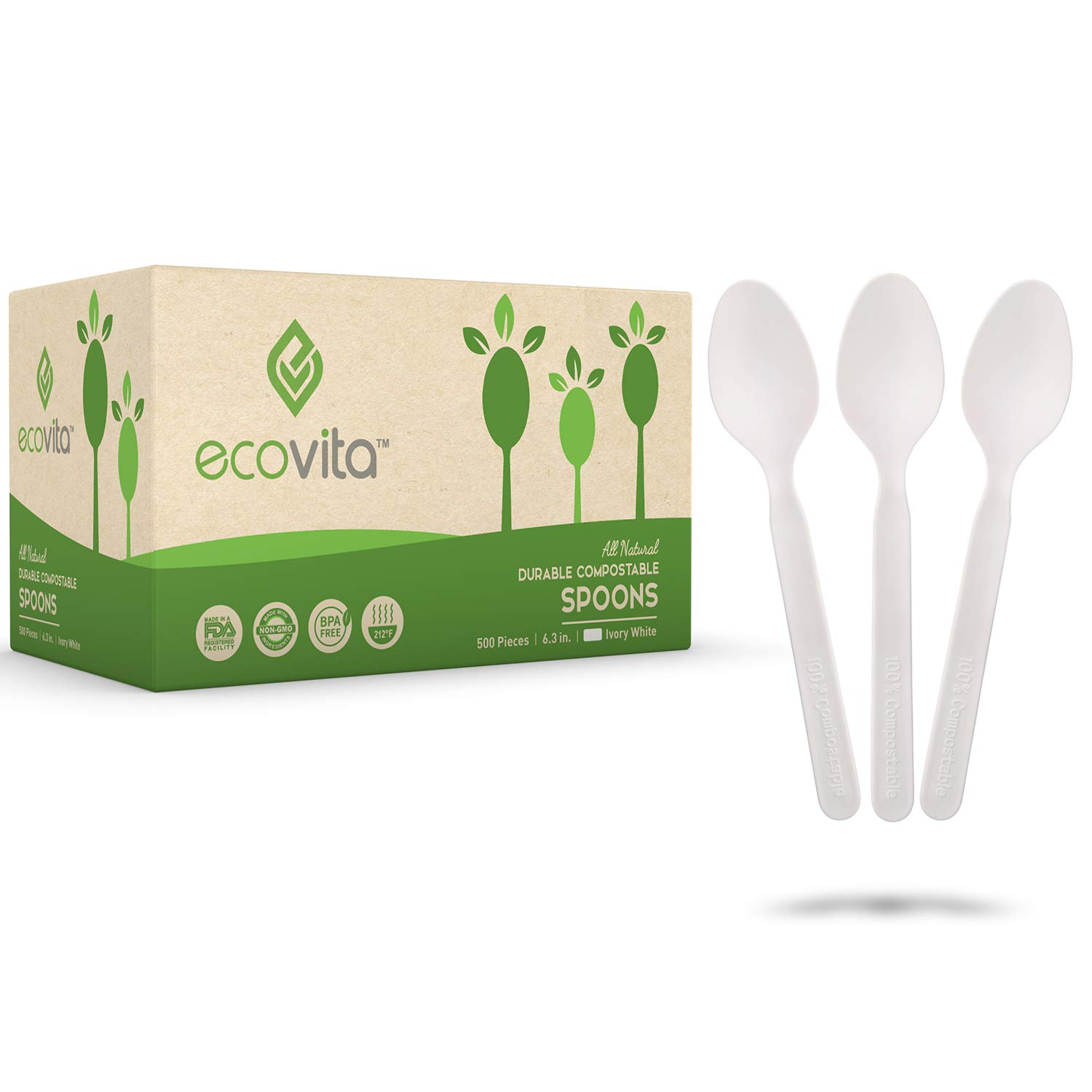 Ecovita 100%積み肥化能力のあるな御匙 - 500個の大型使い捨て食器 (6.5in) バルク大きさ 周囲の状況に分かりやすい 思わしいで耐熱 可塑性物質御匙の代わりの人品 助けになるなお盆付き添い人