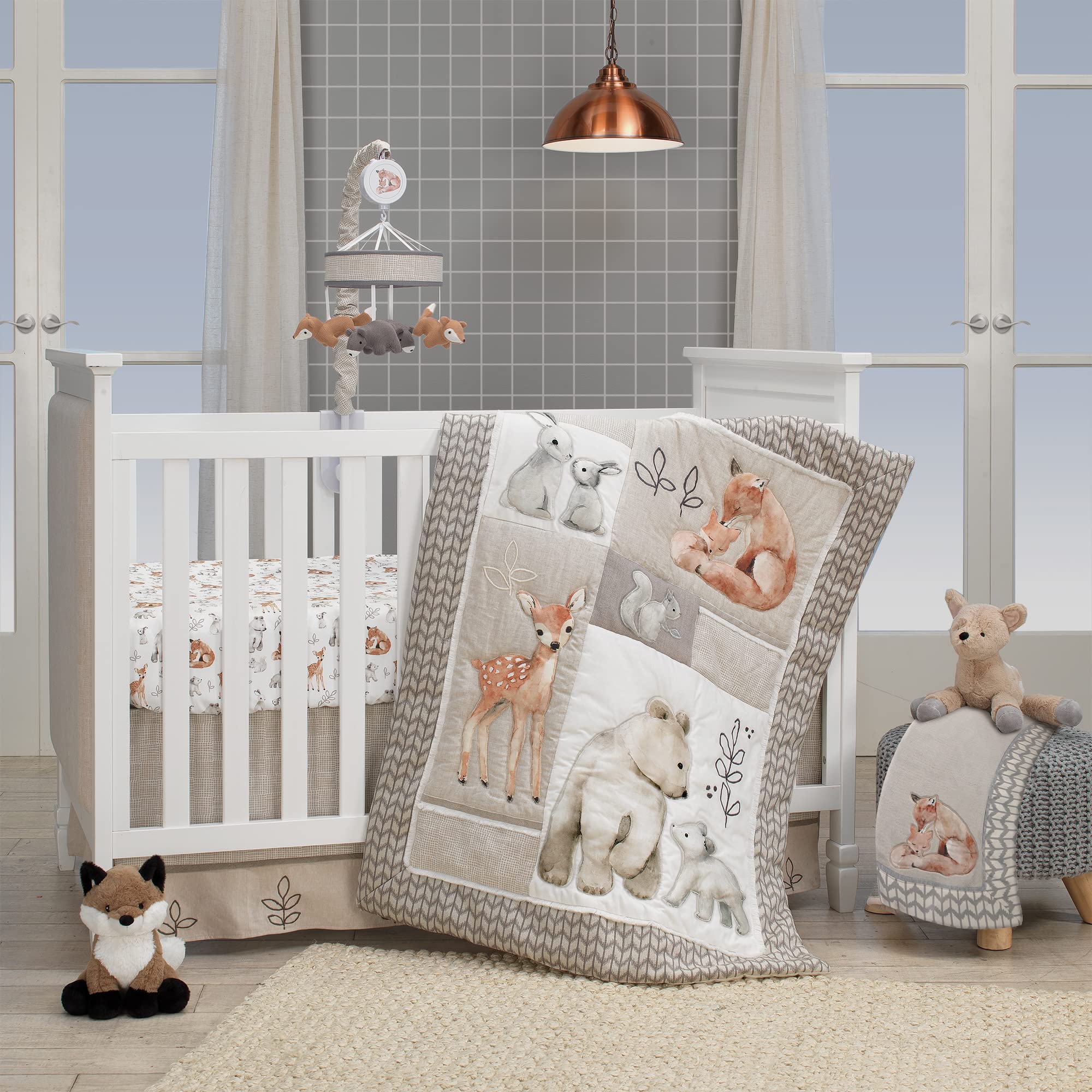 Lambs \u0026 Ivy Painted Forest 4-Piece Crib Bedding Set - Gray  Beige  White パソコン・周辺機器-PCサプライ・消耗品