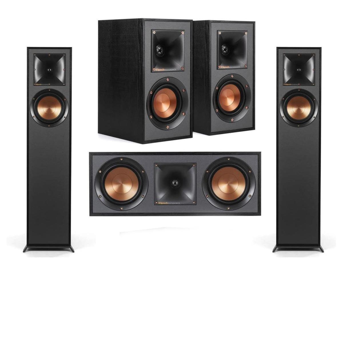 Klipsch Reference R-610F 5.0 ホームシアターパック、R-610F フロアスタンディングスピーカー2個+有りの実、R-41Mブックシェルフホームスピーカー、R-52Cセンターチャンネルホームスピーカー、黒いこと