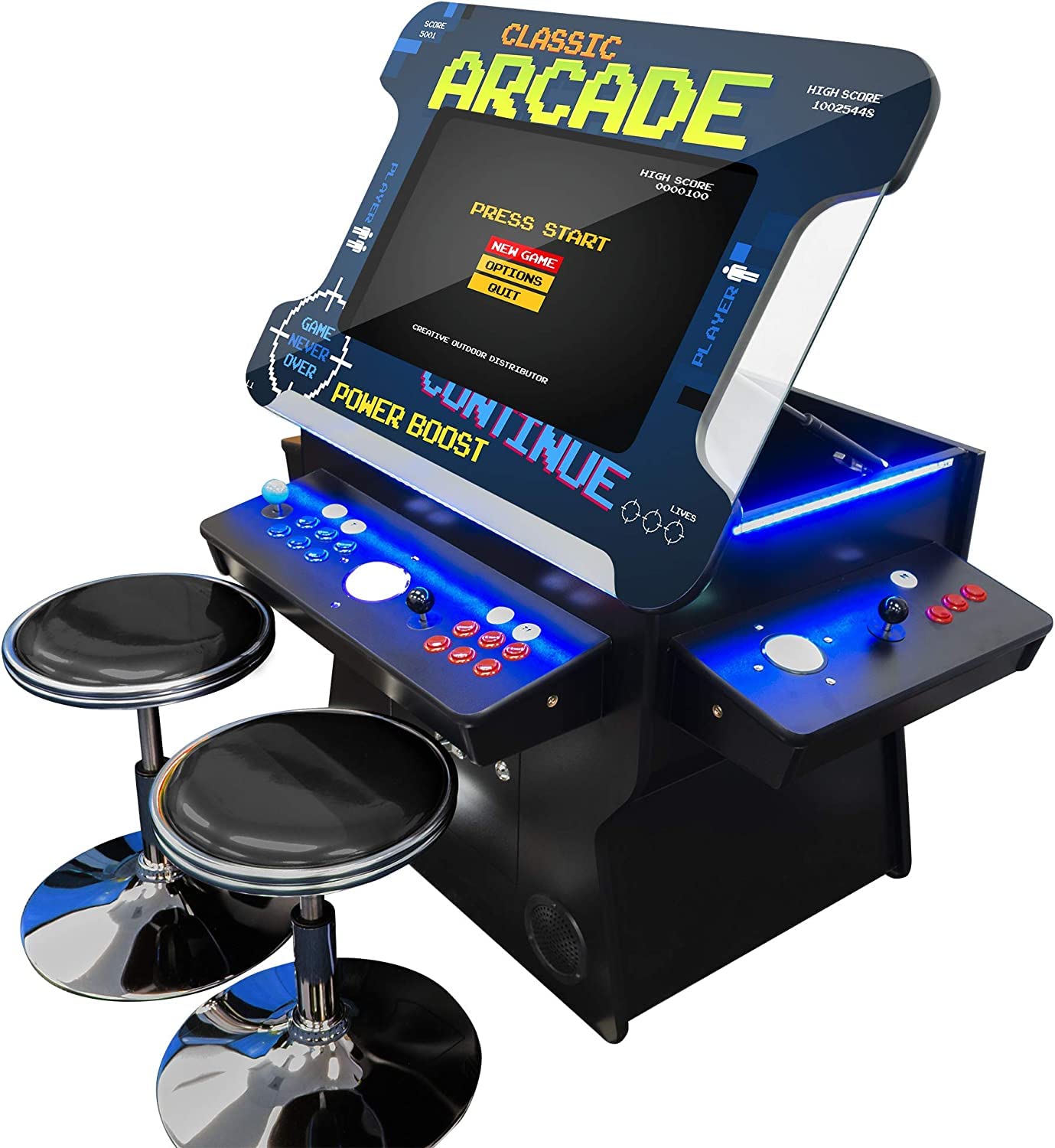 Creative Outdoor Distributor Arcades フルサイズ 商用評価 カクテルアーケードマシン | 2電気蓄音機 1162ゲームキッズ 26inLCDリフティングスクリーン | 3面 | Sanwaジョイスティック4本 | トラックボール | 腰かけ2個付き添い人