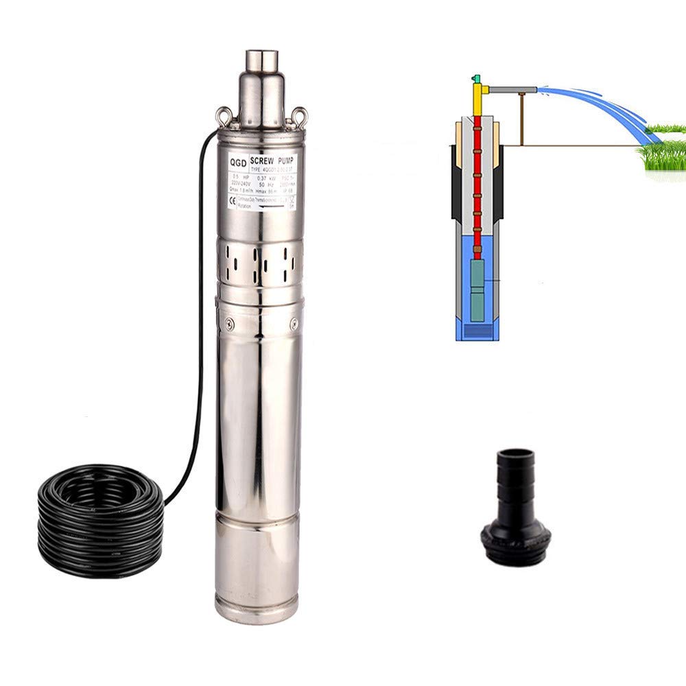 SHYLIYU 1/2HP ステンレススチール 4インチ ODパイプ 水中ボアポンプ 1インチ アウトレットウォーターポンプ 86Mヘッド 深井戸ポンプ スクリュー水中ウォーターポンプ 工業および家庭用