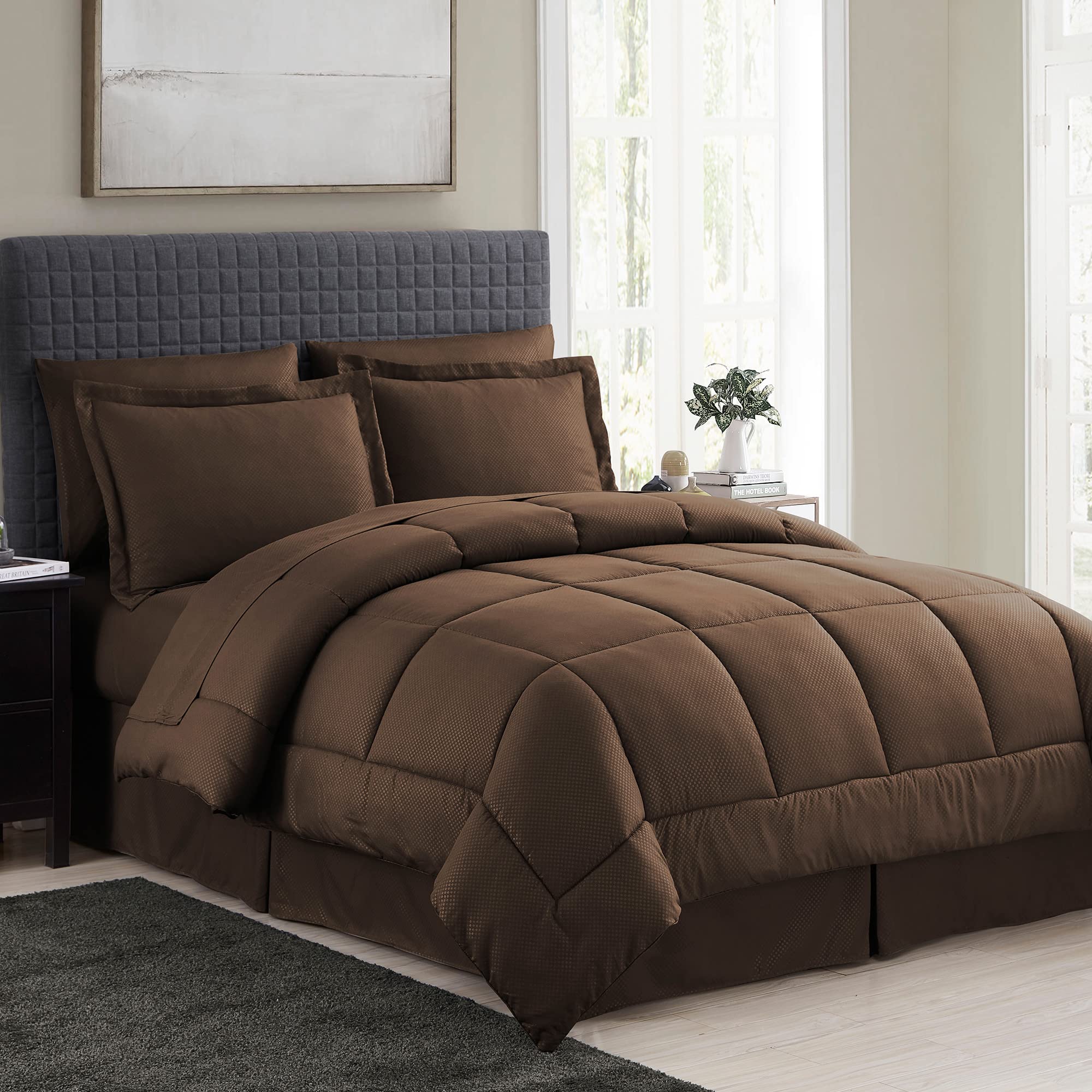 8 Piece Comforter Set Bag Design  Bed Sheets  2 Pillowcases  2 Shams Down Alternative All Season Warmth  Queen  Checkered Chocolate