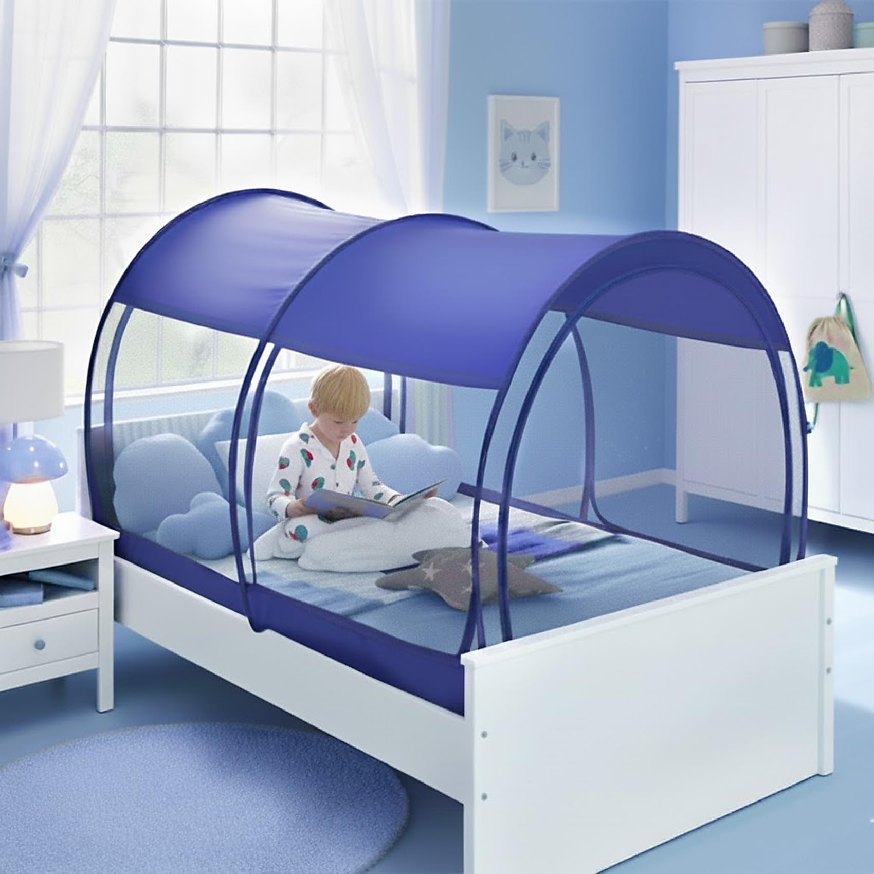 Alvantor 蚊帳 天蓋付きベッドテント 夢のようなプライバシー空間 睡眠テント 室内用 ポップアップ式 持ち運び可能 フレーム 通気性 コテージ (マットレスなし) フルサイズ ネイビー｜global研究所