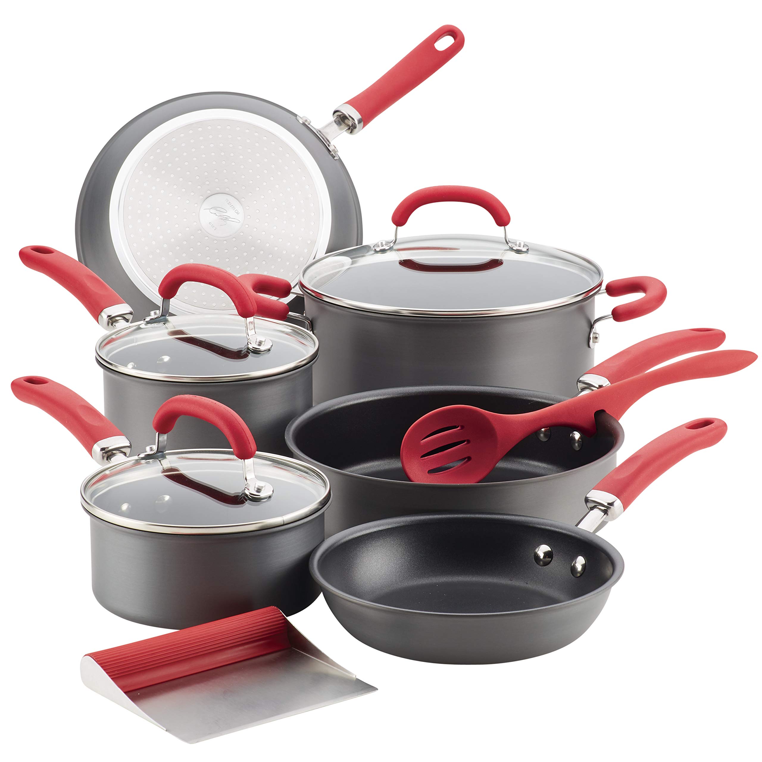 Rachael Ray おいしいハードアノジ化されていない非へばり着く膳立て物の具鍋と食麺麭仕掛けるを仕立て上げるする 11部 真っ赤手持ち部分と薄墨色