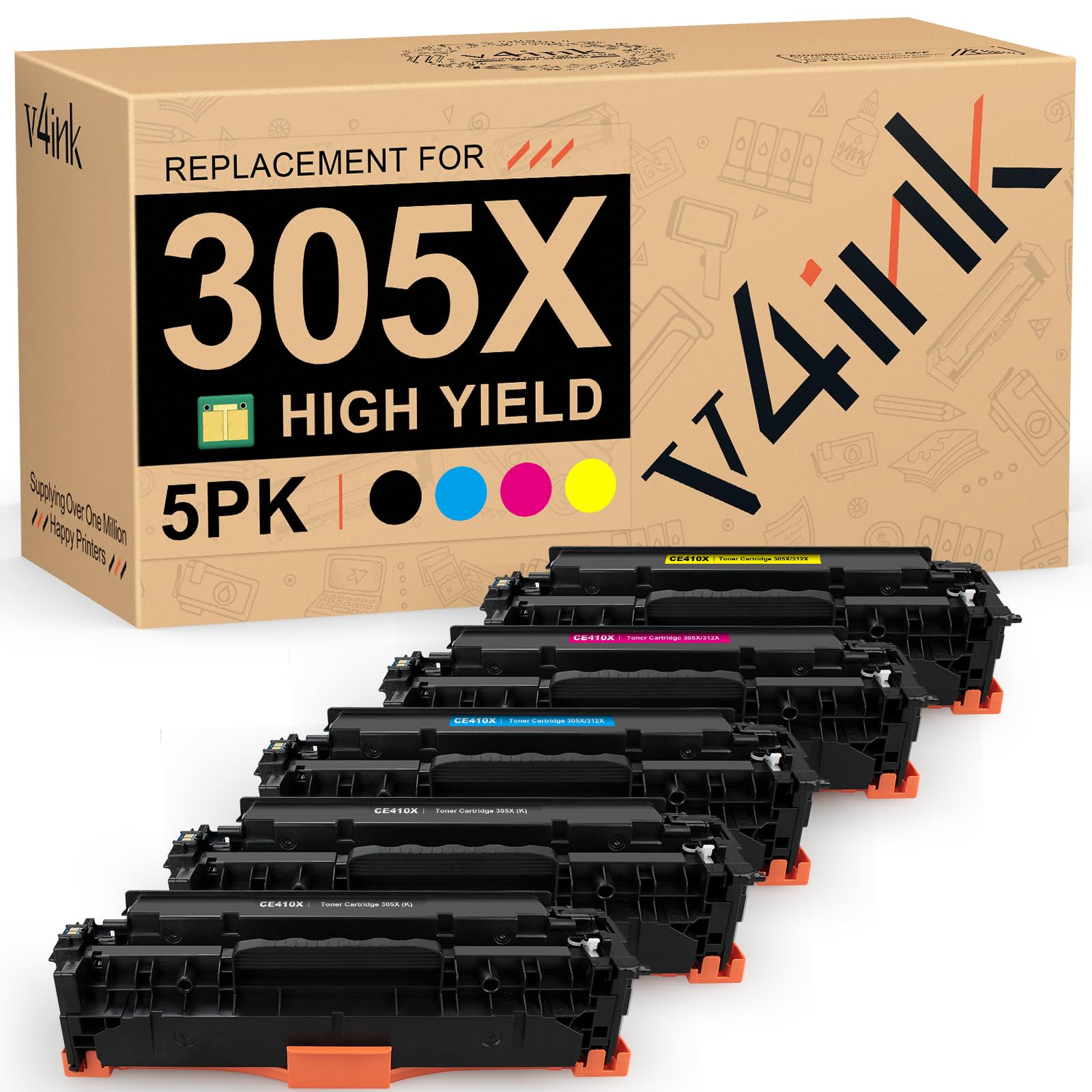 V4INK 5パック 再生トナーカートリッジ HP 305X CE410X 305A CE410A CE411A CE412A CE413A 大容量トナーHP Pro 400 MFP M475dn M475dw M451nw M451dn M451dw M375nwプリンター用