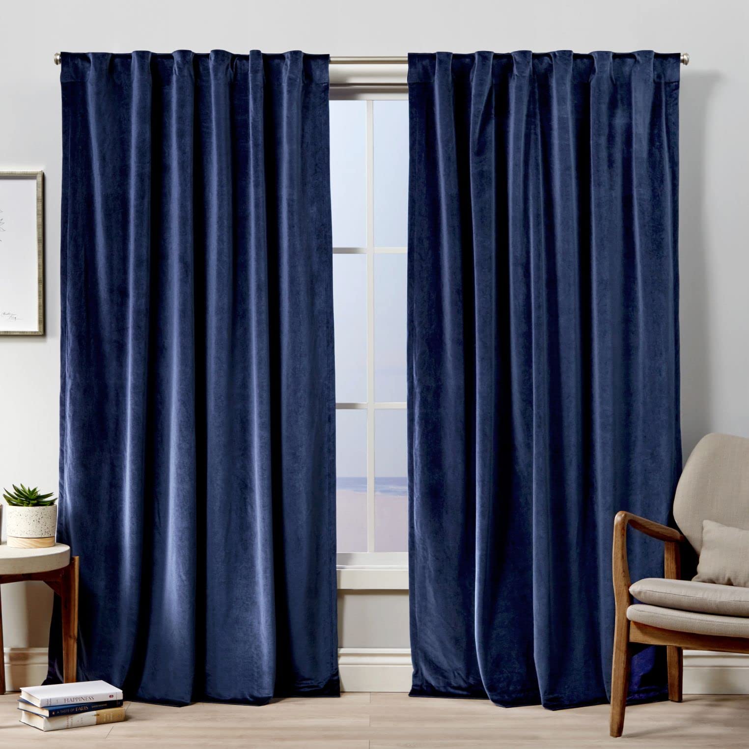 Exclusive Home Curtain ベルベット 厚手 ライトフィルター 隠しタブトップカーテンパネルペア、52インチx96インチ、ネイビー|global研究所