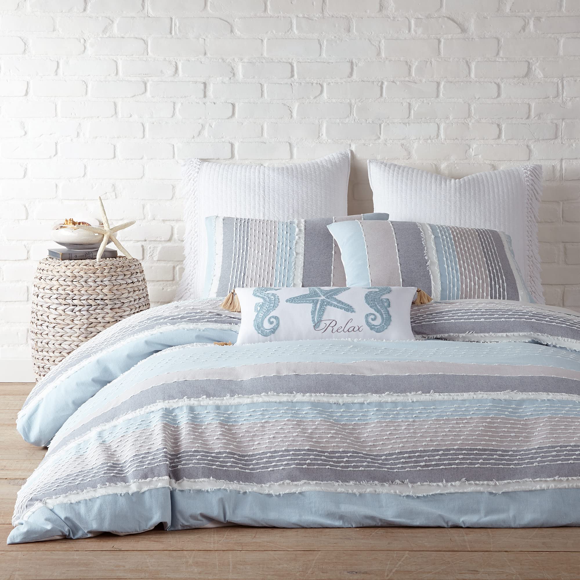 Levtex Home - サンタンダー掛け布団カバーセット - キング掛け布団カバー+キング枕カバー2枚 - グレー、シャンブレー、ブルー、ホワイト - ジャカード - 掛け布団カバー(106 x 94インチ)、枕カバー(36 x 20インチ) - コットン
