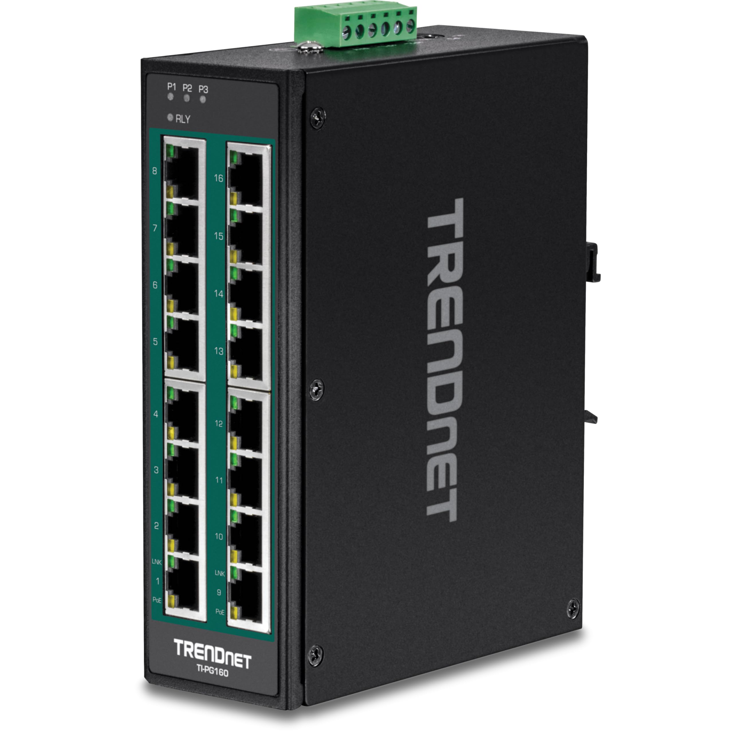 TRENDnet 16ポート 硬化 産業用 非管理 ギガビット 10/100/1000Mbps DINレールスイッチ 16ギガビット PoE+ポート 永久保護 TI-PG160｜global研究所