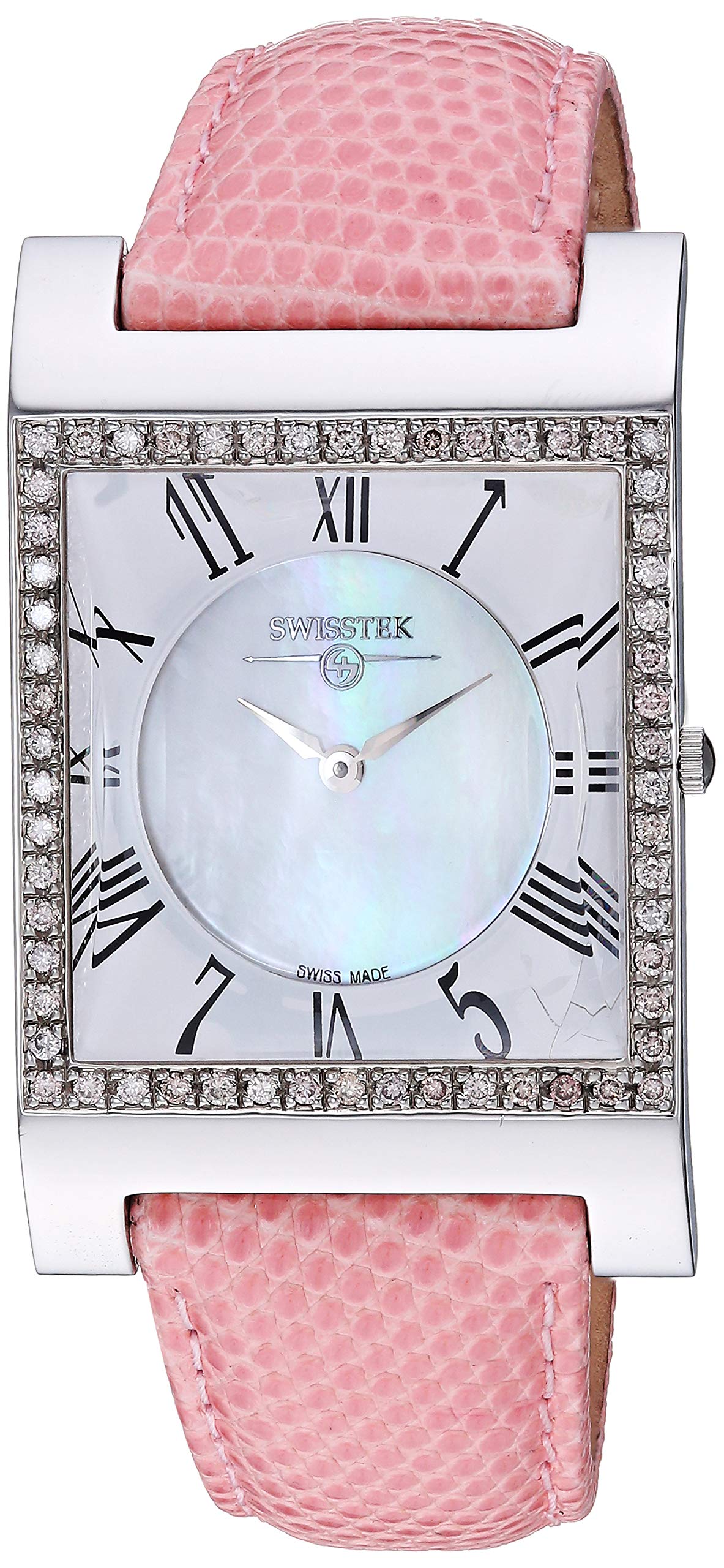 Swisstek Women\u0027s Diamond Dress Collection Stainless Steel Analog Quartz Watch with Leather Strap  Pink  19.5 (Model: 47742LPK)