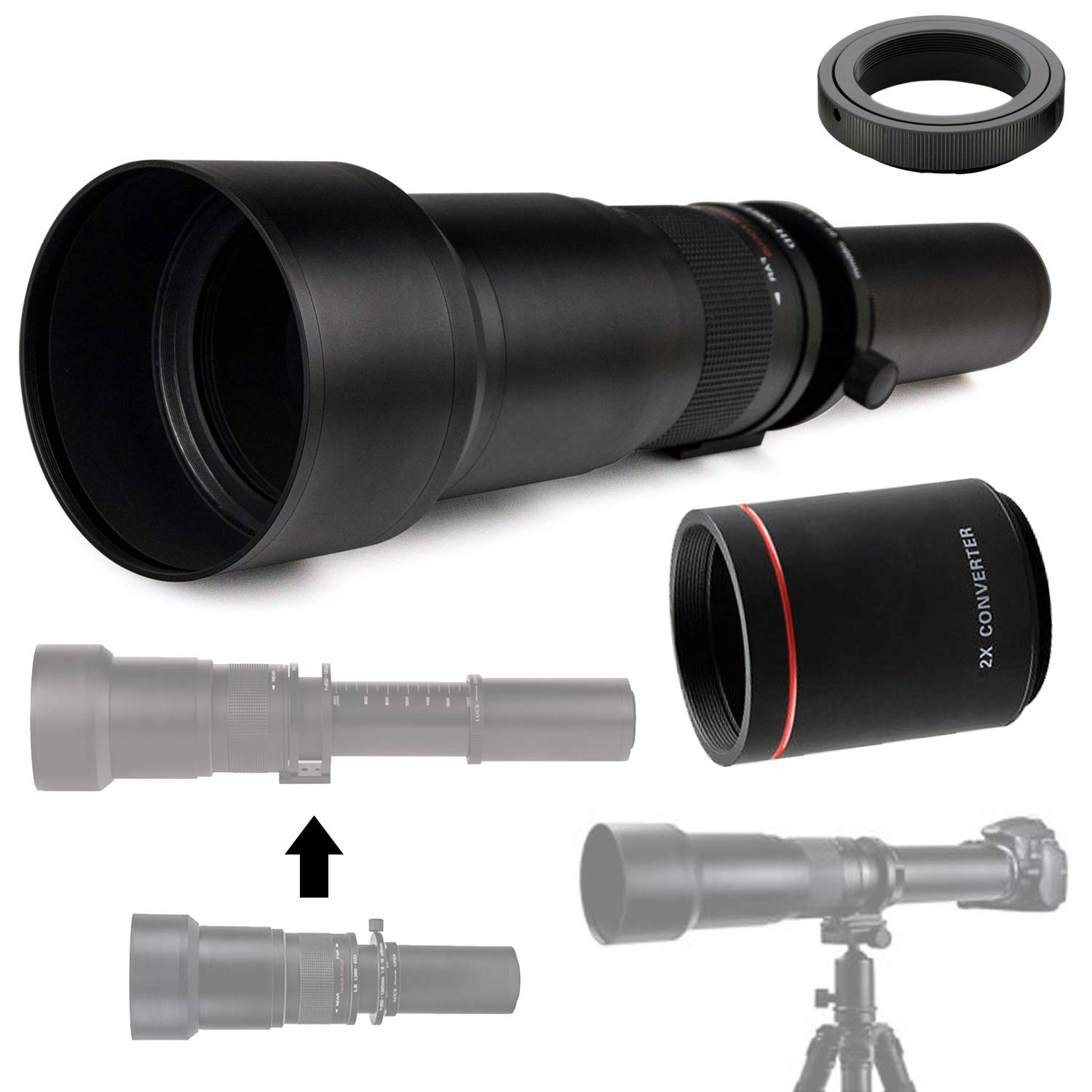 650-1300mm (2X- 1300-2600mm) f/8-16 HD 望遠ズームレンズ Canon EOS 80D 77D 70D 7D 6D 6D Mark II 5D Mark IV 7D Mark II T7i T7 T6i T6 T5i T5 SL2 SL3 デジタル一眼レフカメラ用 35,639円