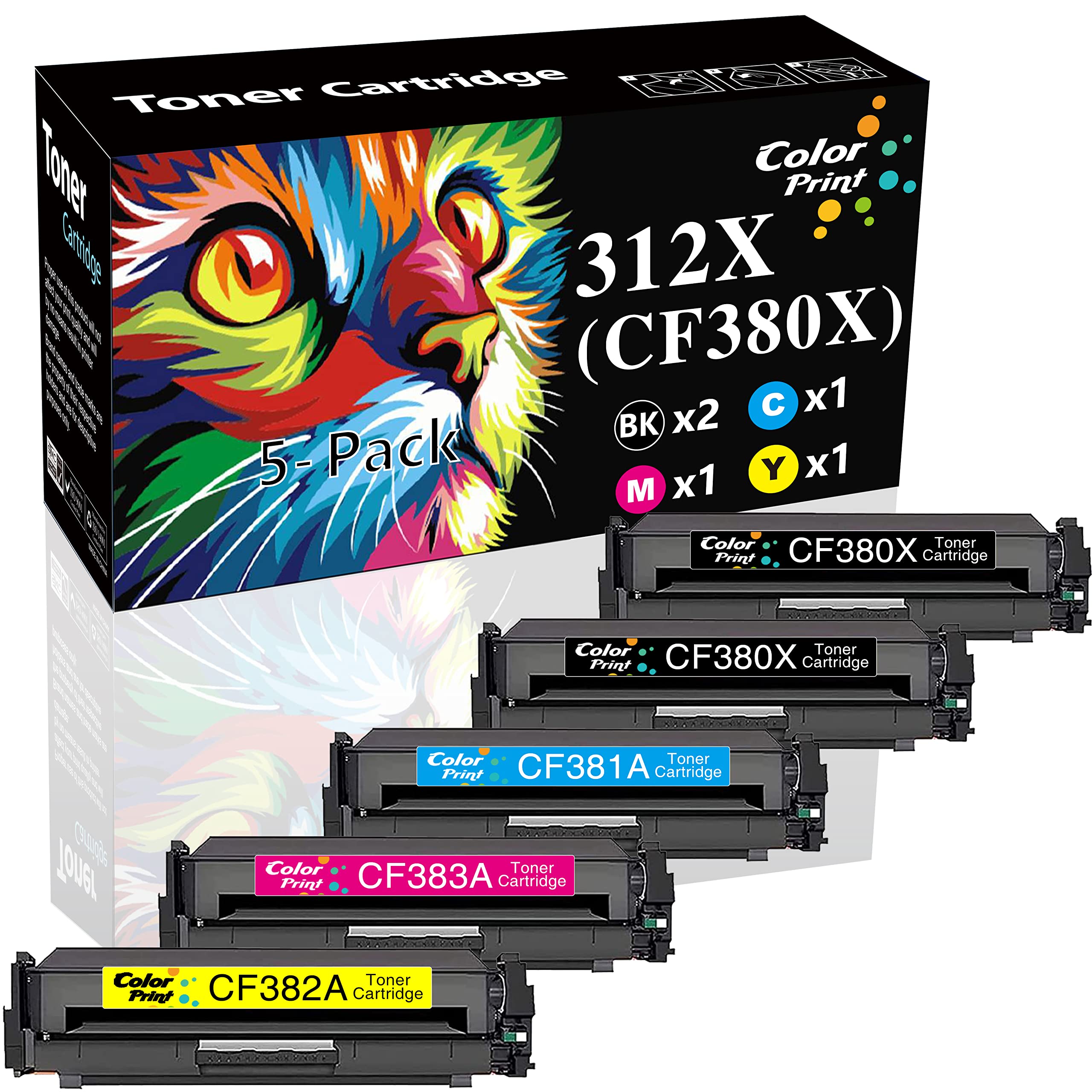 ColorPrint 312A トナーカートリッジ 交換用 HP 312X CF380X CF380A CF381A CF382A CF383A Color Pro MFP M476dn M476dw M476dnw M476dnw M476dnw 476dnw 476dwプリンターに対応 (5パック 2BK 1C 1M 1Y)