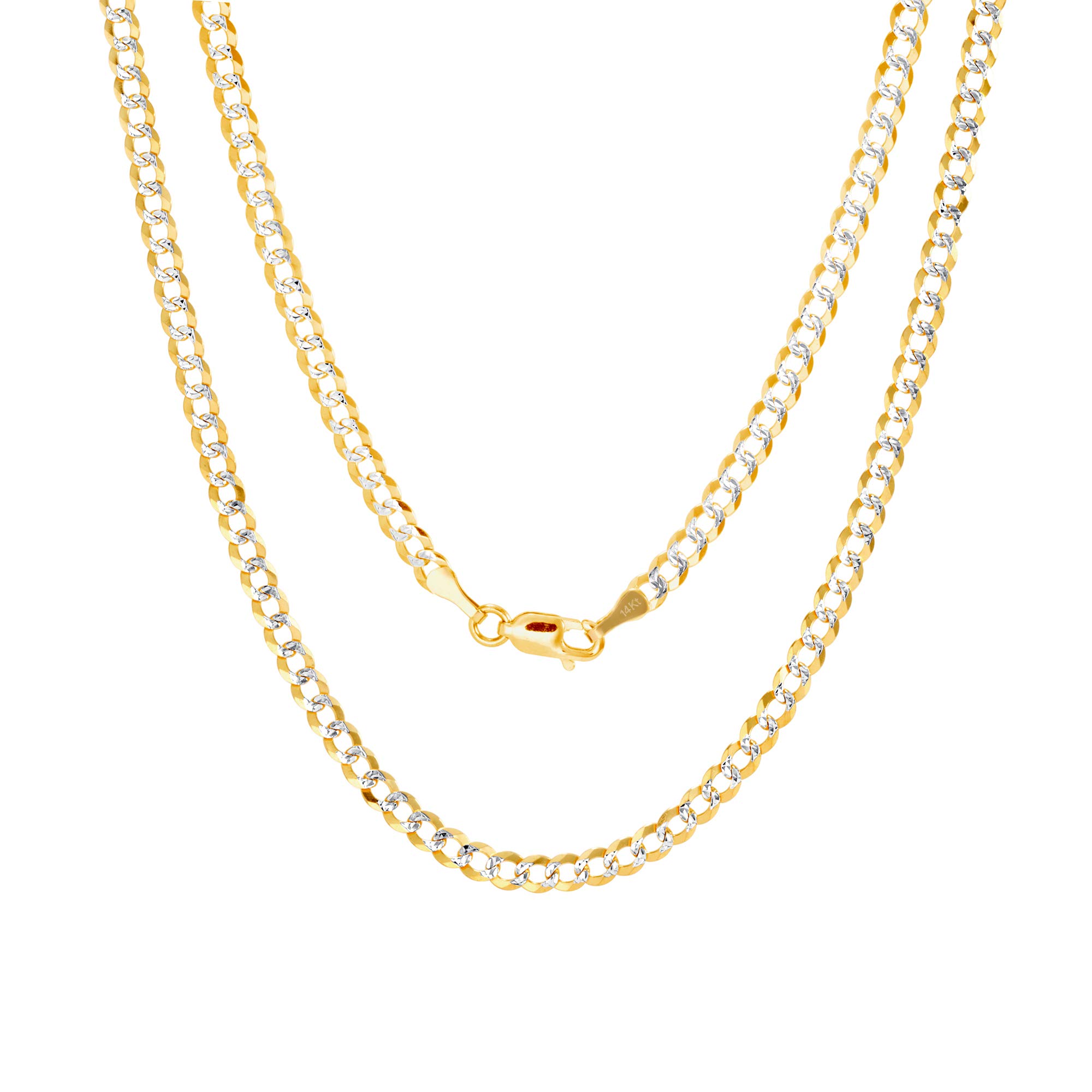 Nuragold 14K イエローゴールド ソリッド 4mm キューバチェーン カーブリンク ダイヤモンドカット パヴェ ツートーン ペンダントネックレス メンズ レディース ジュエリー 16インチ 18インチ 20インチ 22インチ 24インチ 26インチ 28インチ 30インチ 20 イエローゴールド