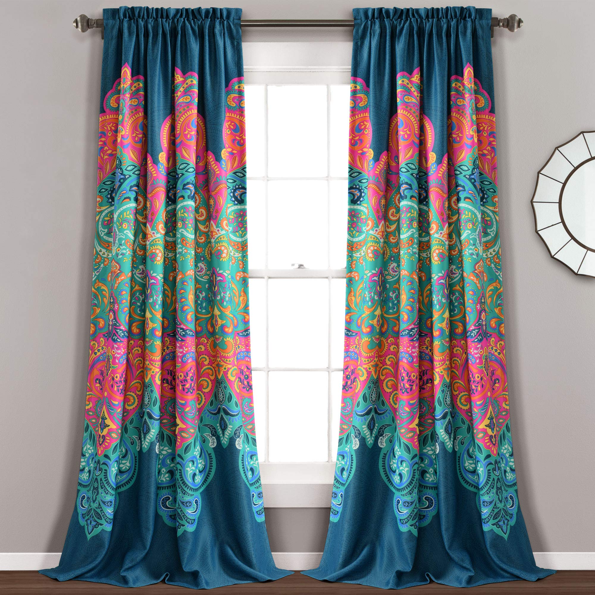 Boho Chic Room Darkening Window Curtain Panels Turquoise/Navy 52X84+2 Set