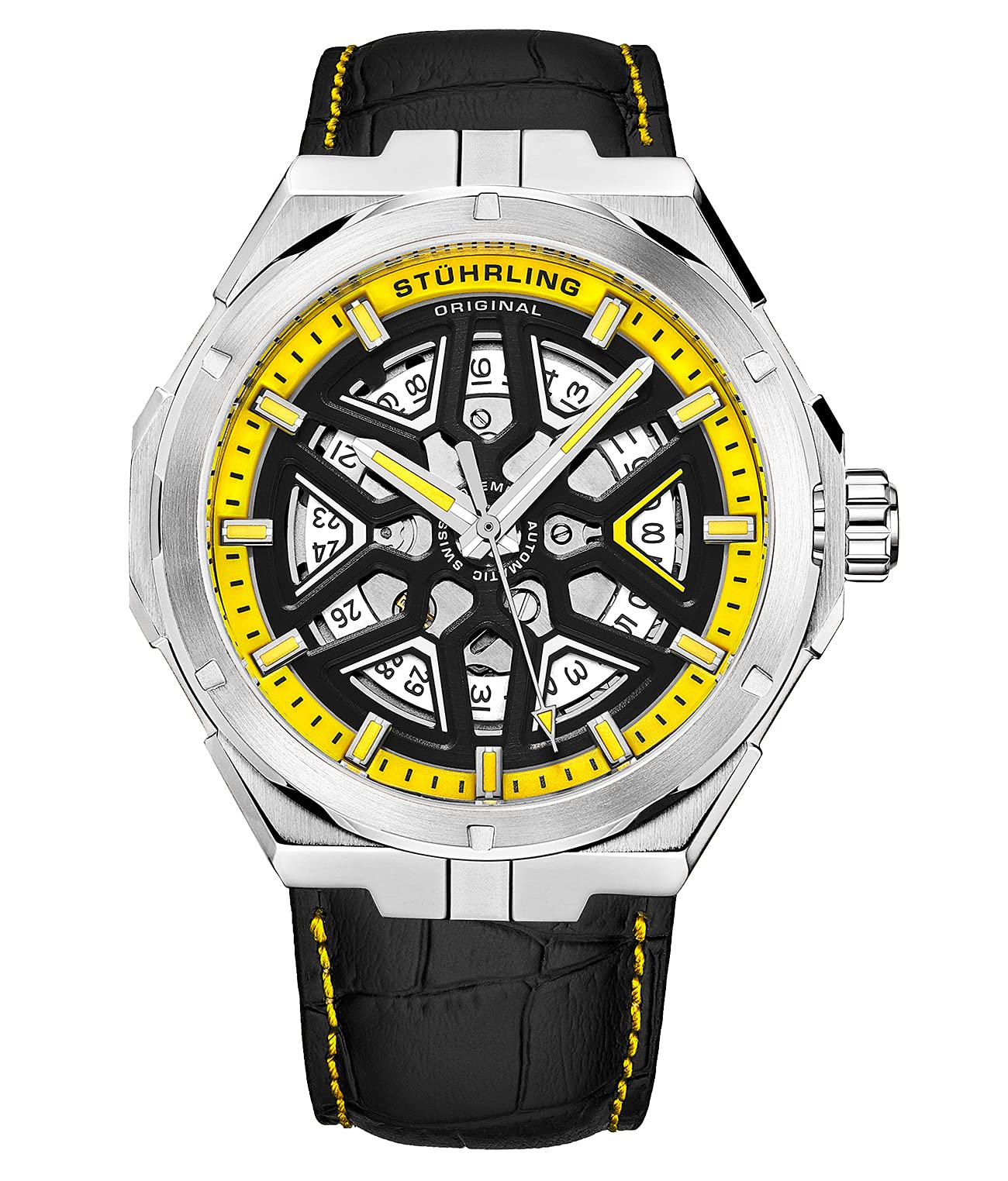 Stuhrling オリジナル メンズ スイス製自動腕時計 - 自動巻きメンズドレスウォッチ メンズレザー腕時計 機械式スケルトンウォッチ 男性用 ブラックイエロー スケルトン、機械式、自動巻き腕時計。